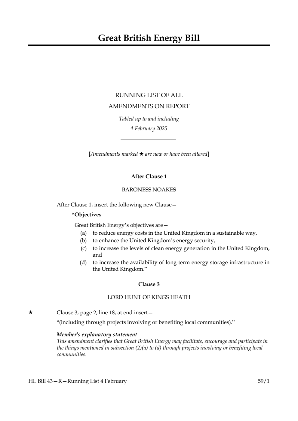 Great British Energy Bill Running List of all amendments on report tabled up to and including 4 February 2025