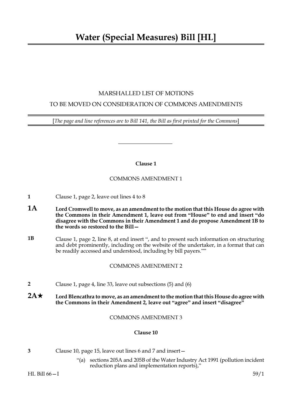 Water (Special Measures) Bill Marshalled List of motions to be moved on consideration of Commons amendments