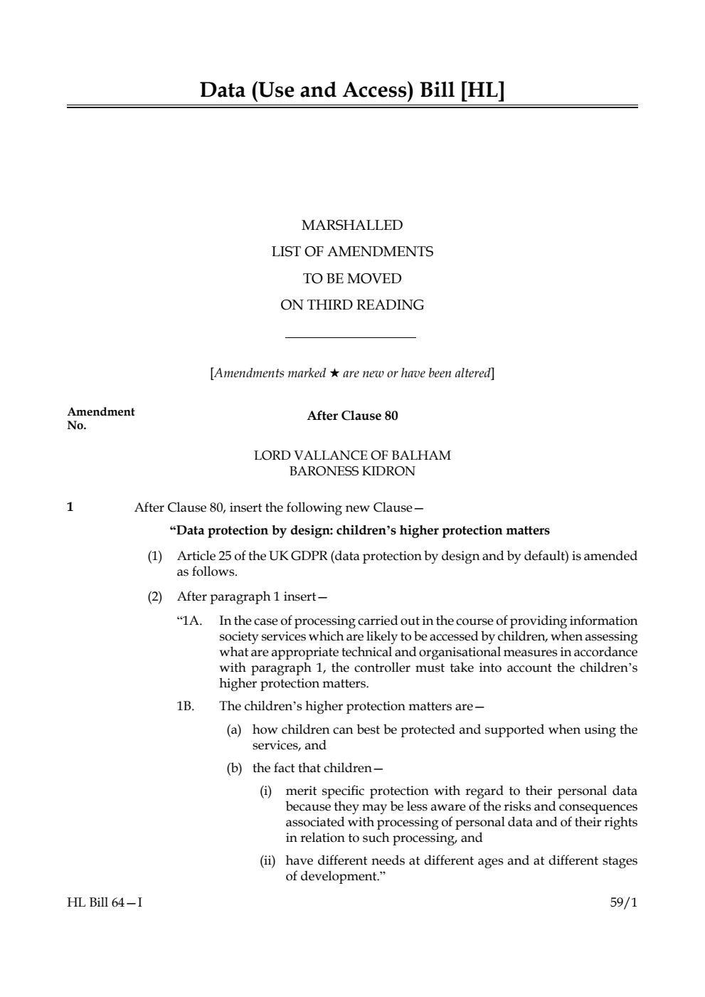 Data (Use and Access) Bill Marshalled List of amendments to be moved on third reading