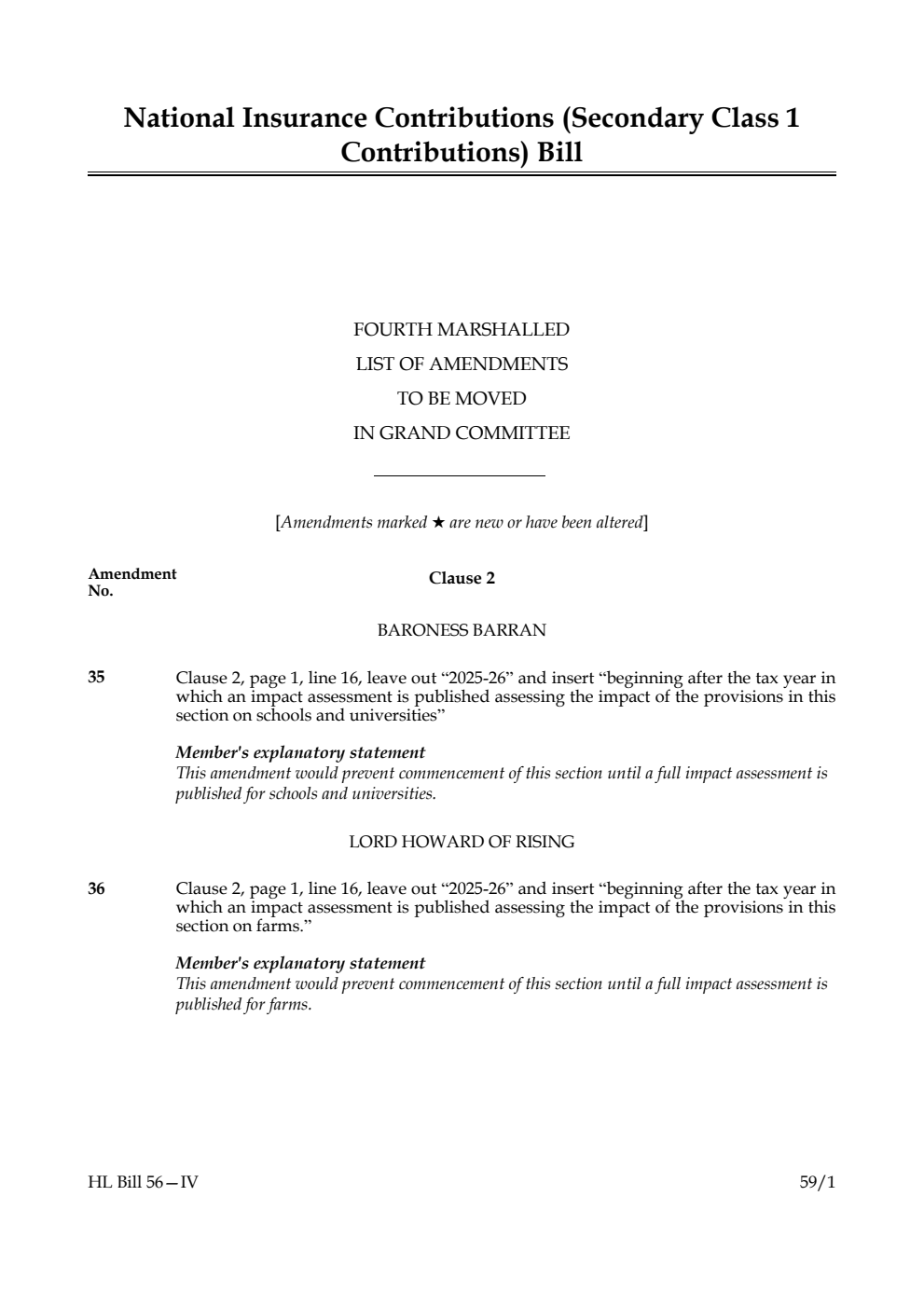 National Insurance Contributions (Secondary Class 1 Contributions) Bill Fourth Marshalled List of amendments to be moved in Grand Committee