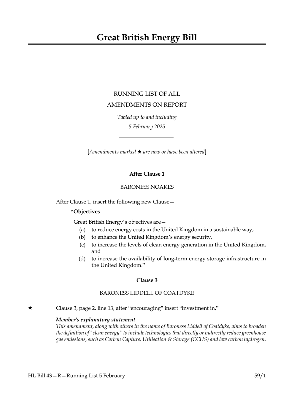 Great British Energy Bill Running List of all amendments on report tabled up to and including 5 February 2025