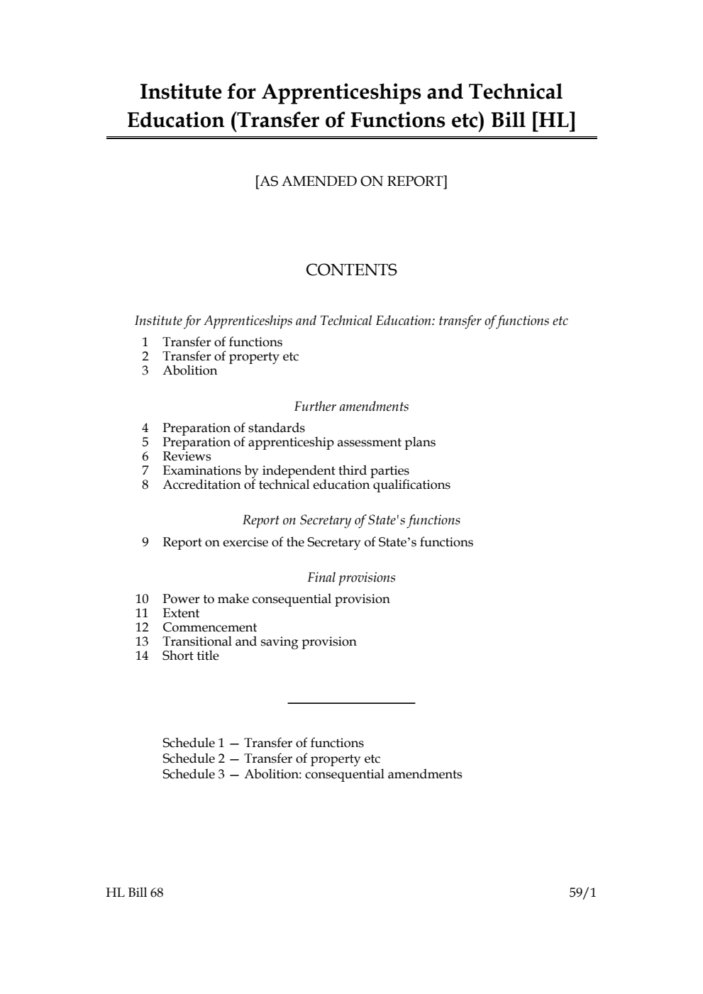 Institute for Apprenticeships and Technical Education (Transfer of Functions etc) Bill [as amended on Report]
