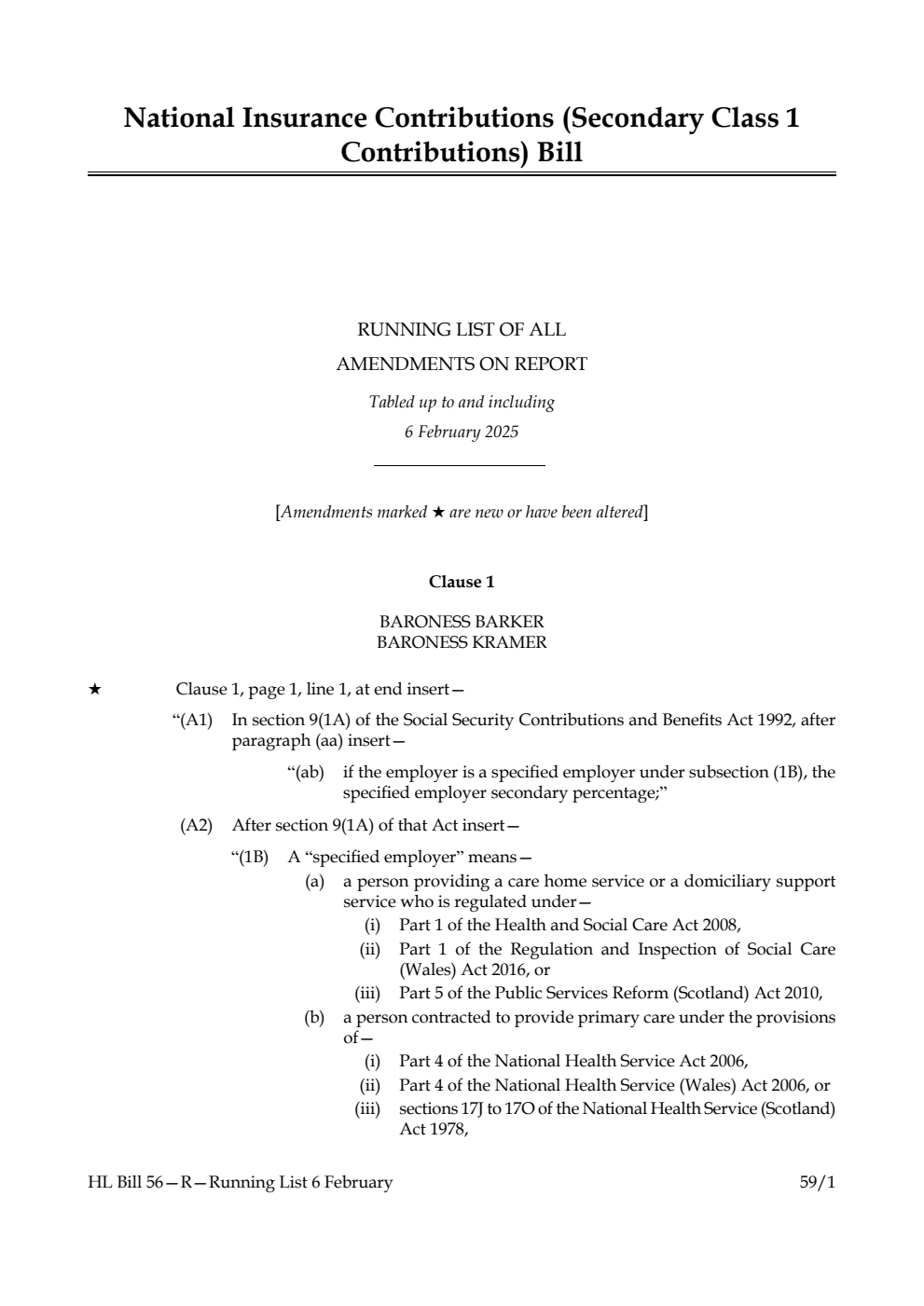 National Insurance Contributions (Secondary Class 1 Contributions) Bill Running List of all amendments on report tabled up to and including 6 February 2025