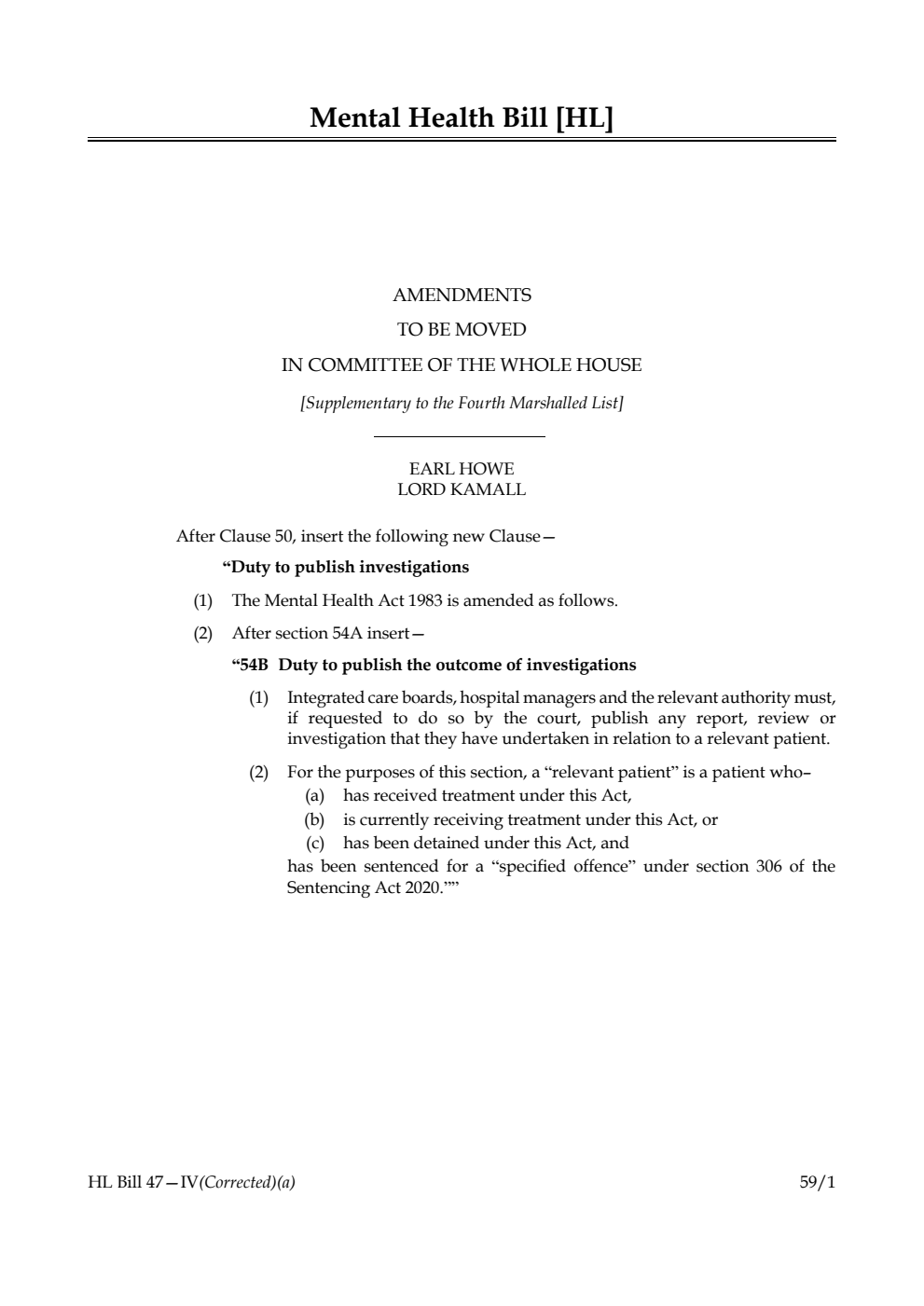Mental Health Bill Amendments to be moved in Committee of the Whole House [Supplementary to the Fourth Marshalled List]