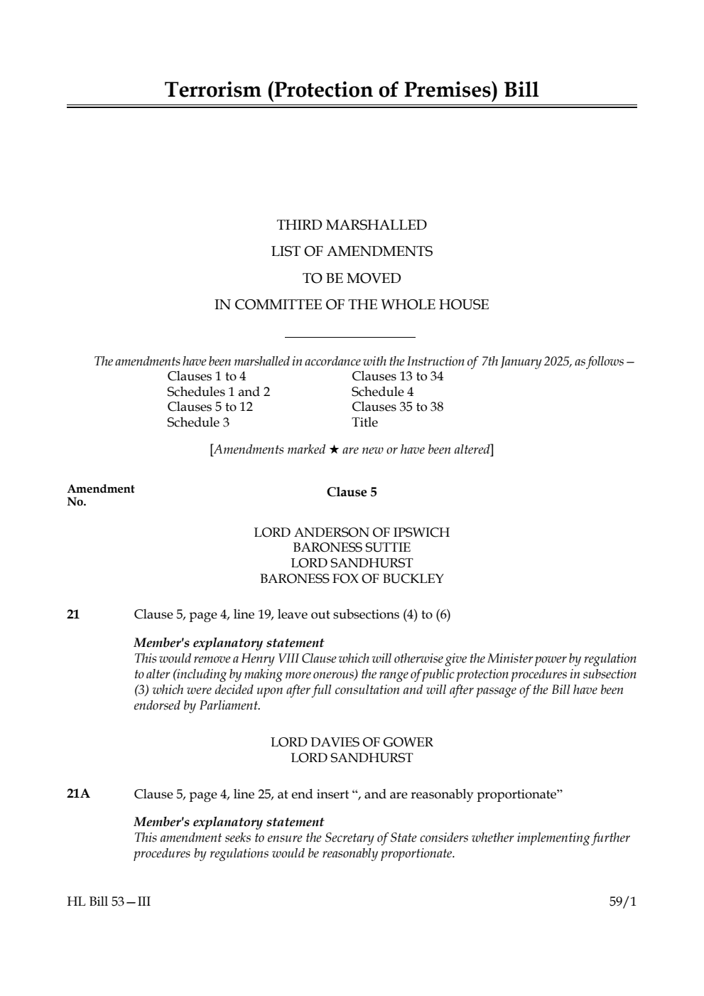 Terrorism (Protection of Premises) Bill Third Marshalled List of amendments to be moved in Committee of the Whole House