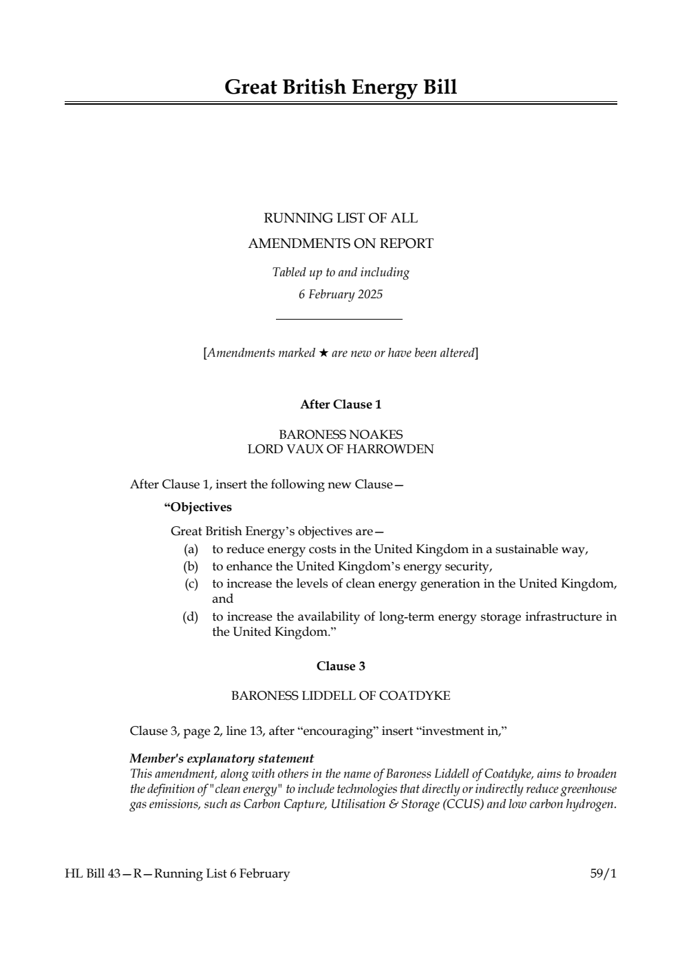 Great British Energy Bill Running List of all amendments on report tabled up to and including 6 February 2025