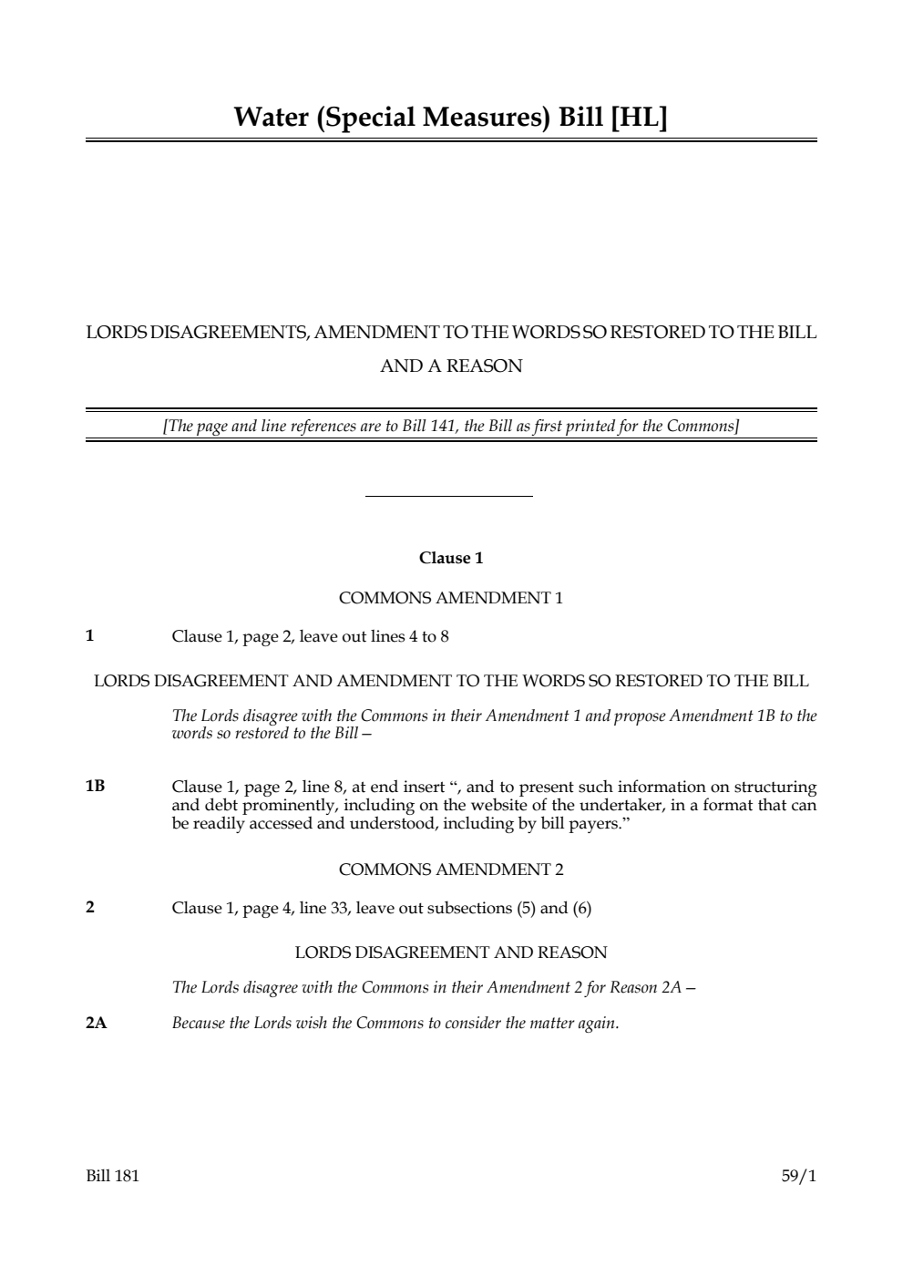 Water (Special Measures) Bill Lords disagreements, amendment to the words so restored to the Bill and a reason