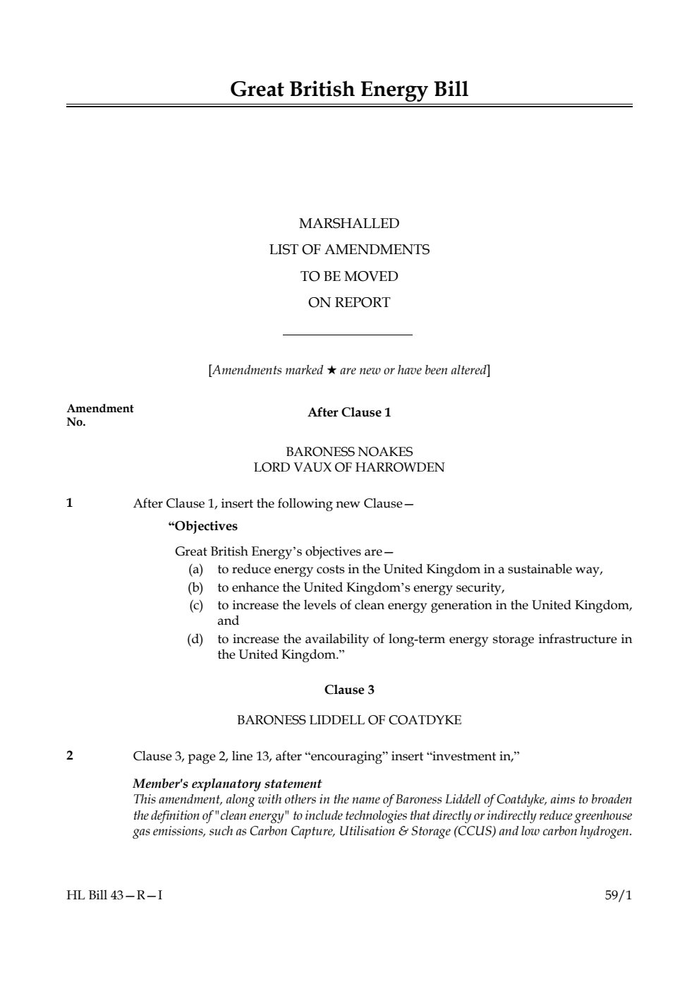 Great British Energy Bill Marshalled List of amendments to be moved on report