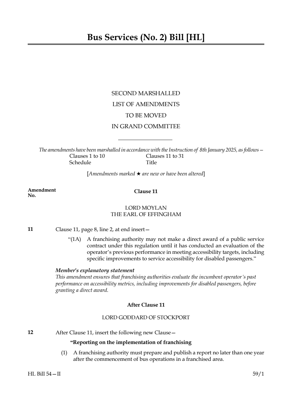 Bus Services (No. 2) Bill Second Marshalled List of amendments to be moved in Grand Committee