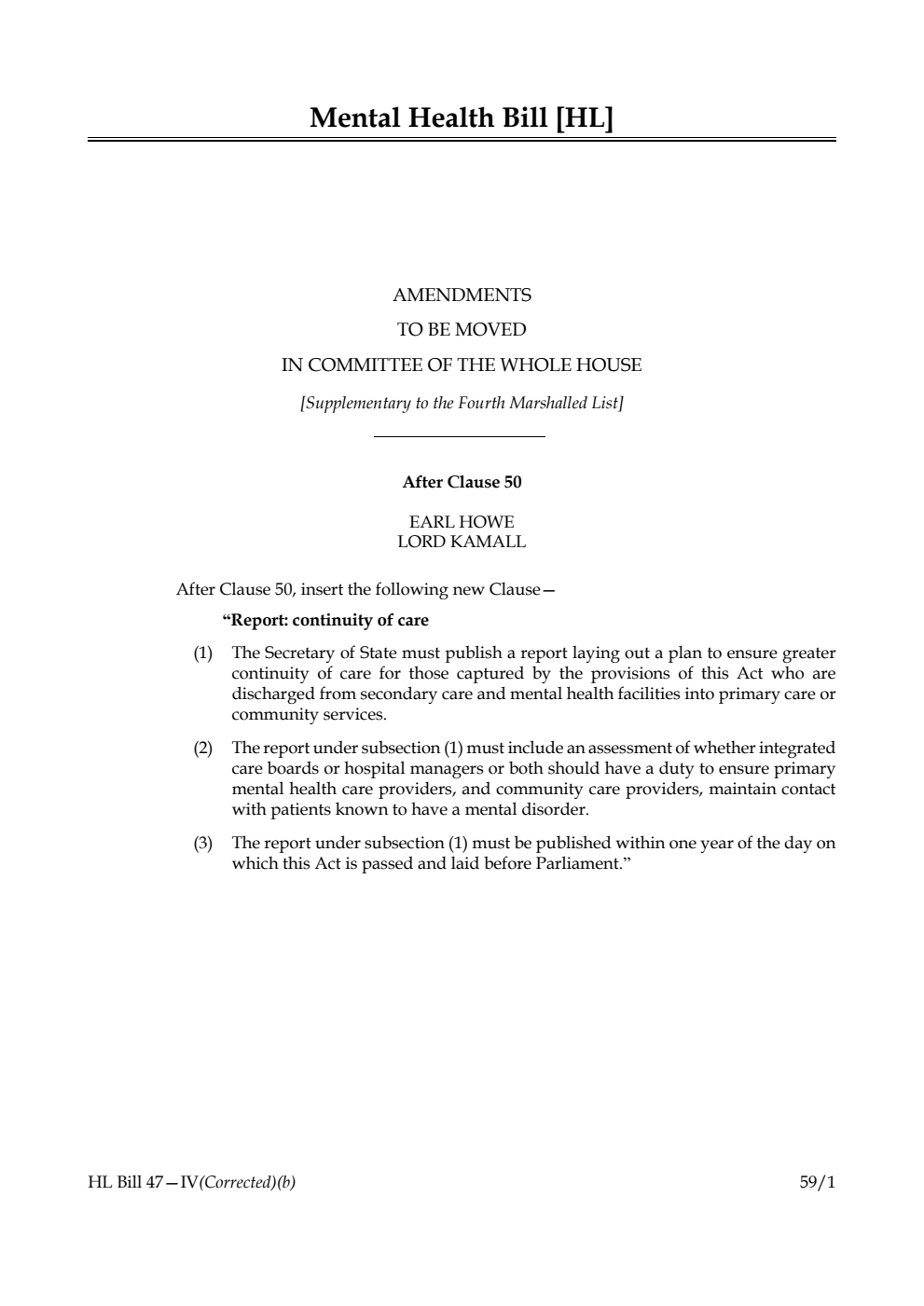Mental Health Bill Amendments to be moved in Committee of the Whole House [Supplementary to the Fourth Marshalled List]
