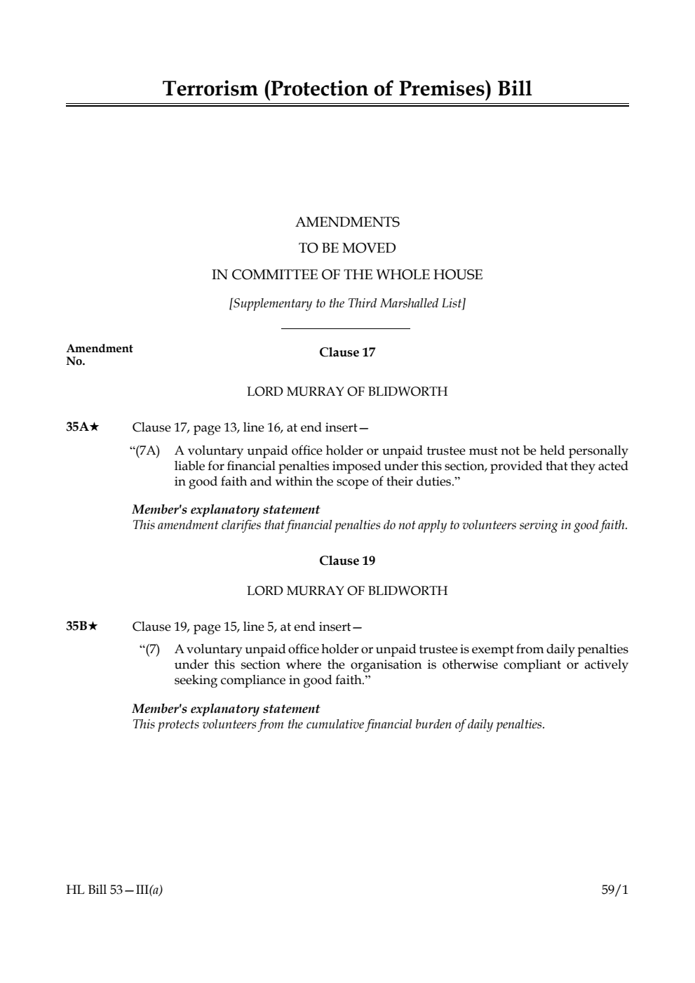 Terrorism (Protection of Premises) Bill Amendments to be moved in Committee of the Whole House [Supplementary to the Third Marshalled List]