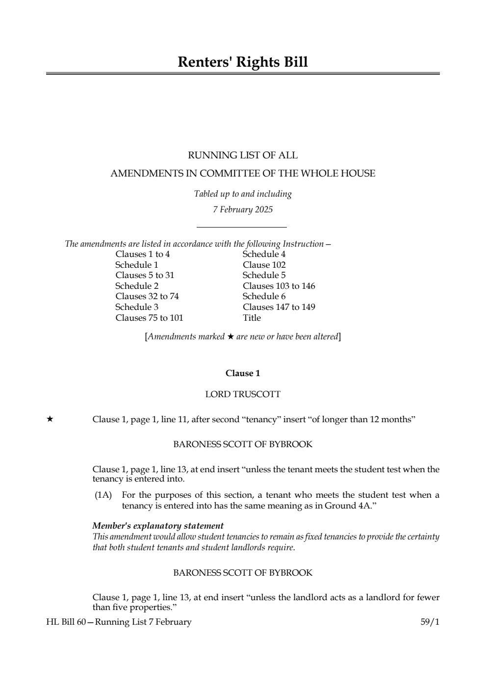 Renters' Rights Bill Running List of all amendments in Committee of the Whole House tabled up to and including 7 February 2025