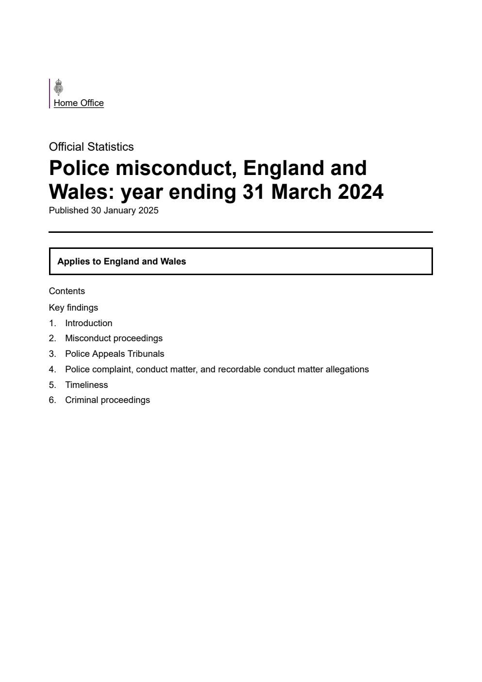 Home Office Research Report Police misconduct, England and Wales: year ending 31 March 2024