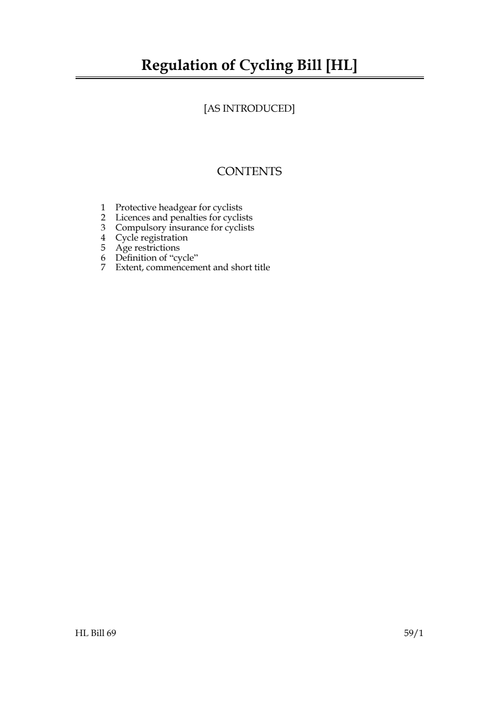 Regulation of Cycling Bill