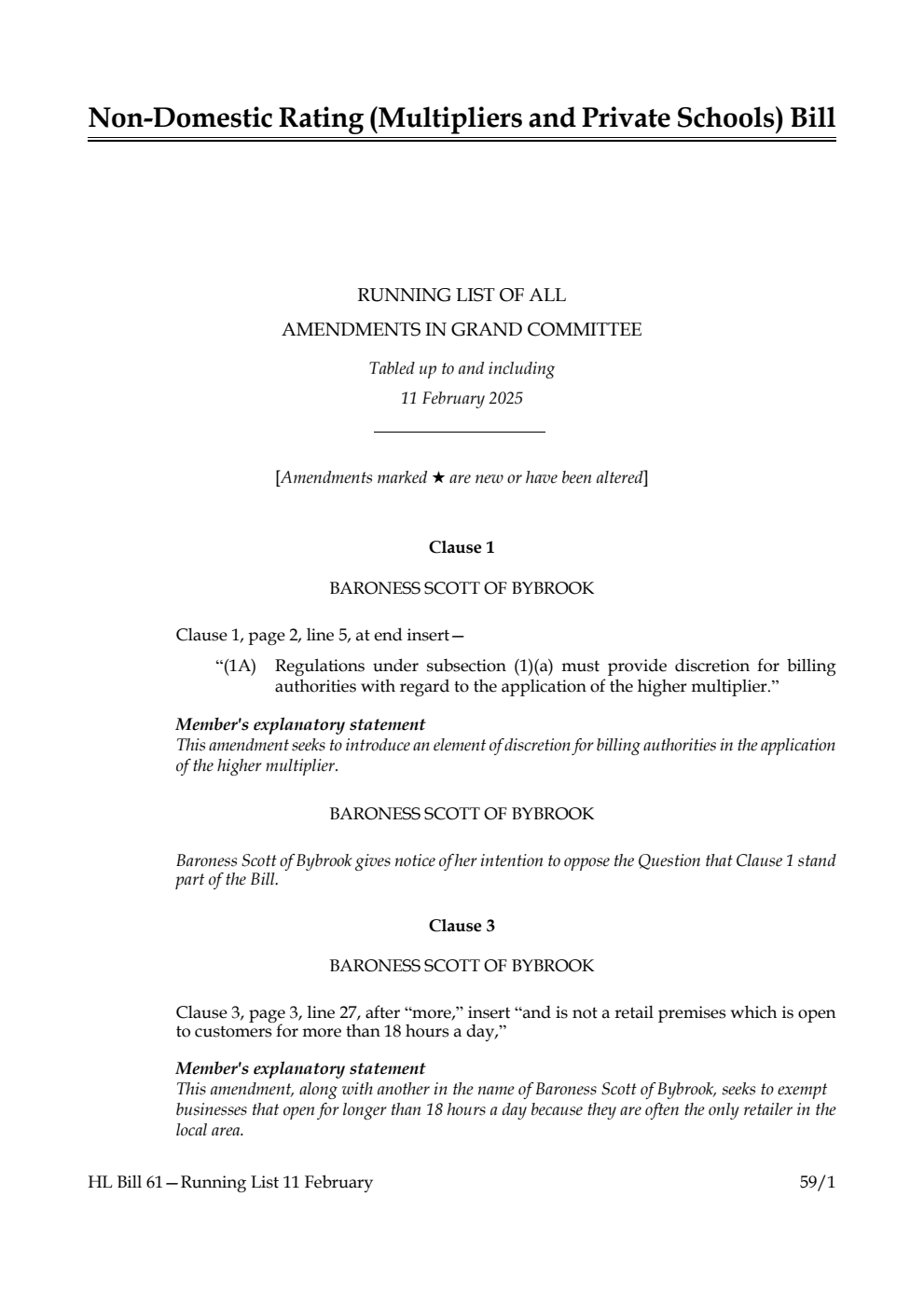 Non-domestic Rating (Multipliers and Private Schools) Bill Running List of all amendments in Grand Committee tabled up to and including 11 February 2025