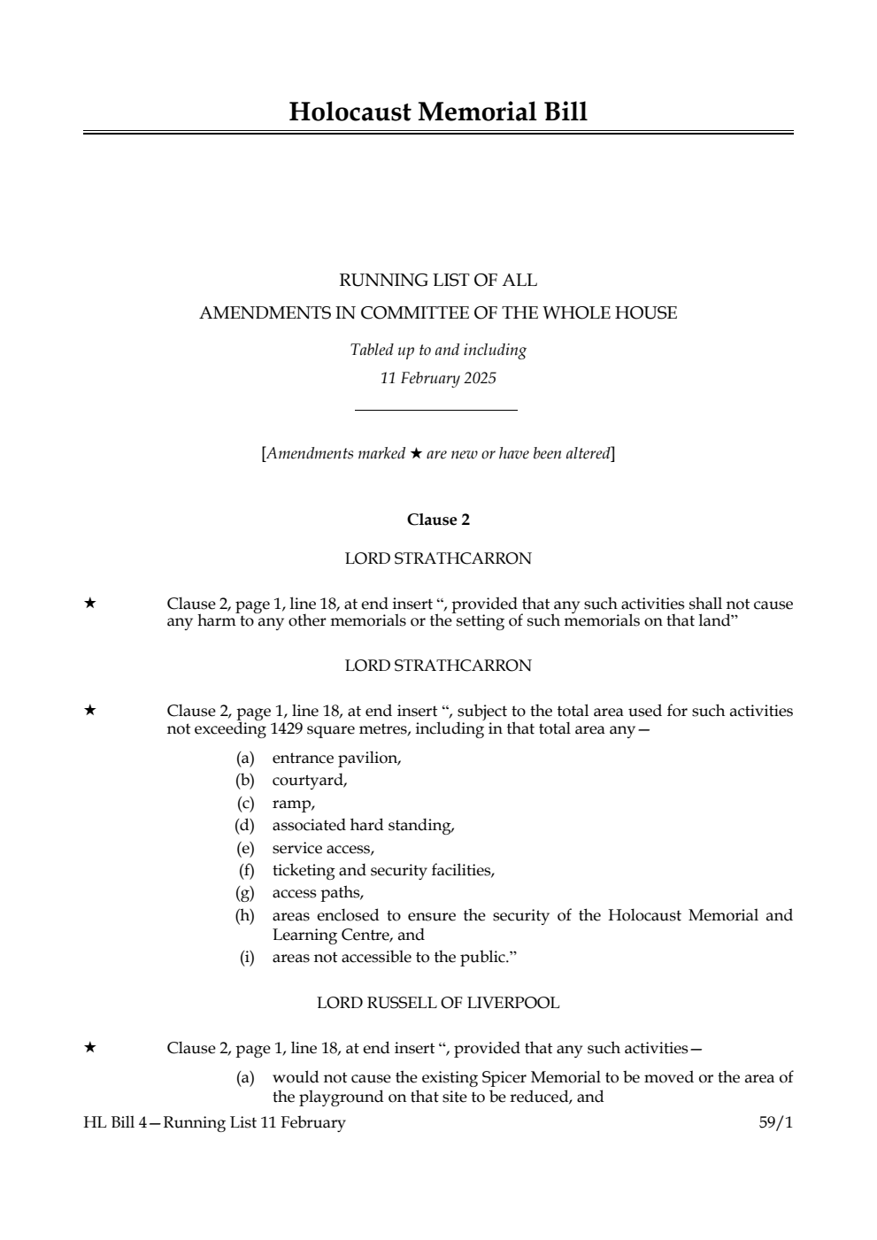 Holocaust Memorial Bill Running List of all amendments in Committee of the Whole House tabled up to and including 11 February 2025