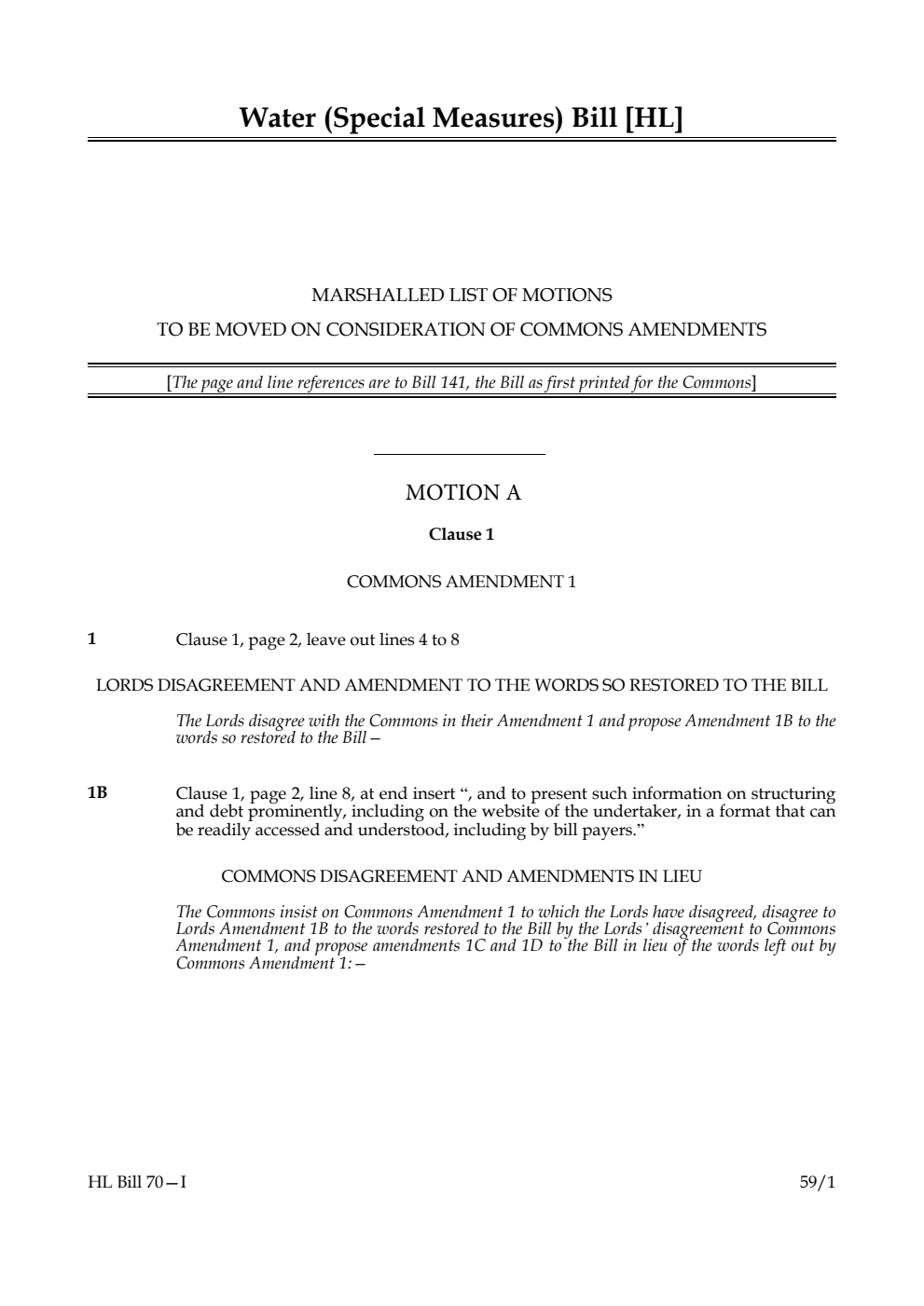 Water (Special Measures) Bill Marshalled List of motions to be moved on consideration of Commons amendments