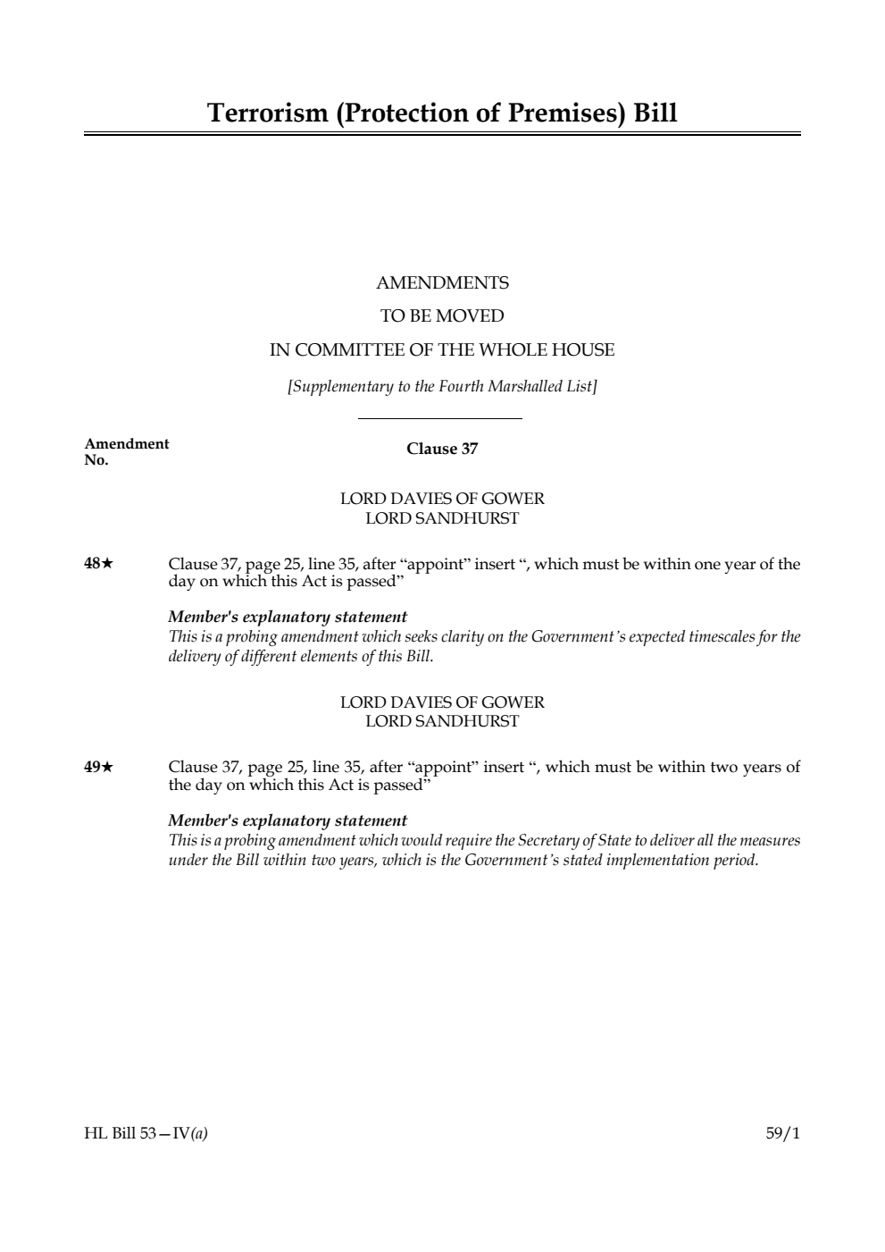 Terrorism (Protection of Premises) Bill Amendments to be moved in Committee of the Whole House [Supplementary to the Fourth Marshalled List] 