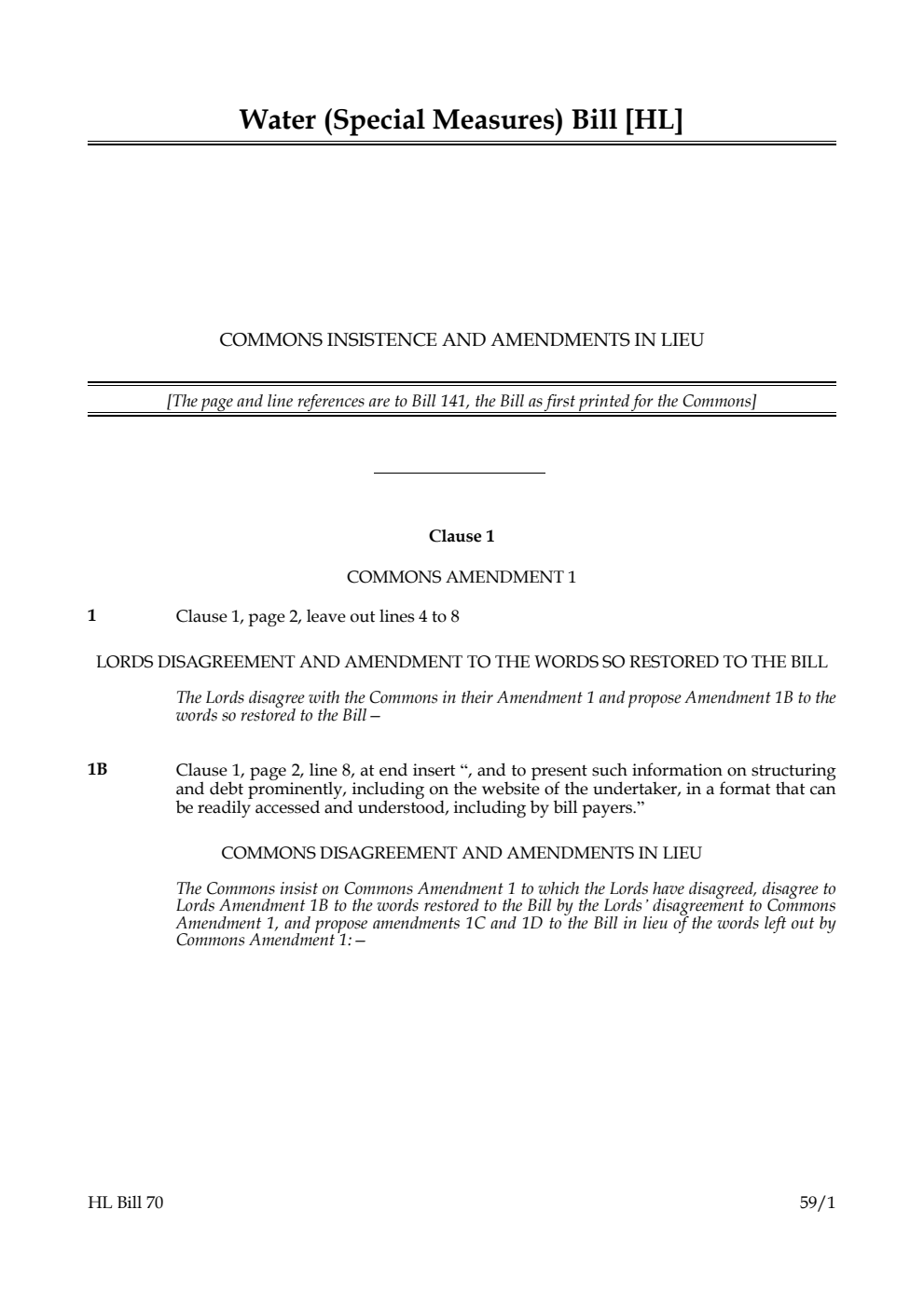 Water (Special Measures) Bill Commons insistence and amendments in lieu