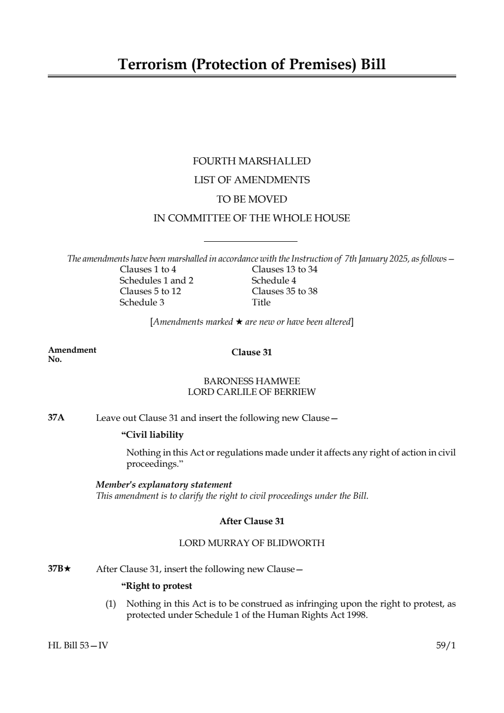 Terrorism (Protection of Premises) Bill Fourth Marshalled List of amendments to be moved in Committee of the Whole House