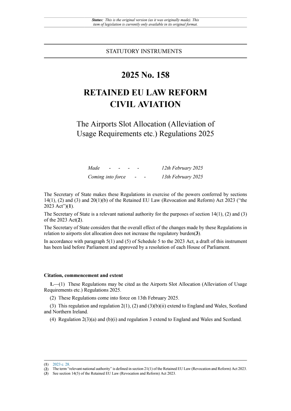 The Airports Slot Allocation (Alleviation of Usage Requirements etc.) Regulations 2025