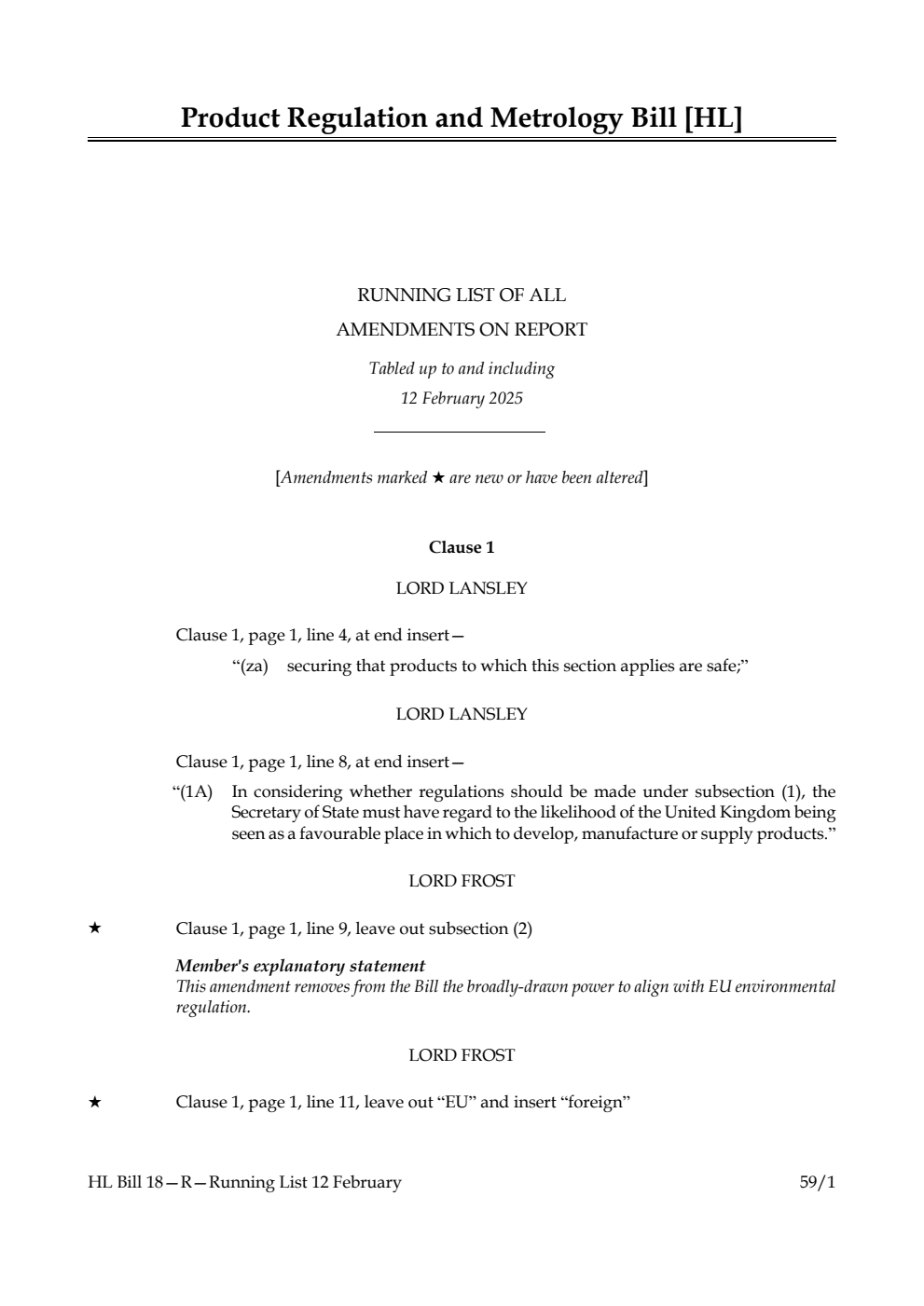 Product Regulation and Metrology Bill Running List of all amendments on report tabled up to and including 12 February 2025
