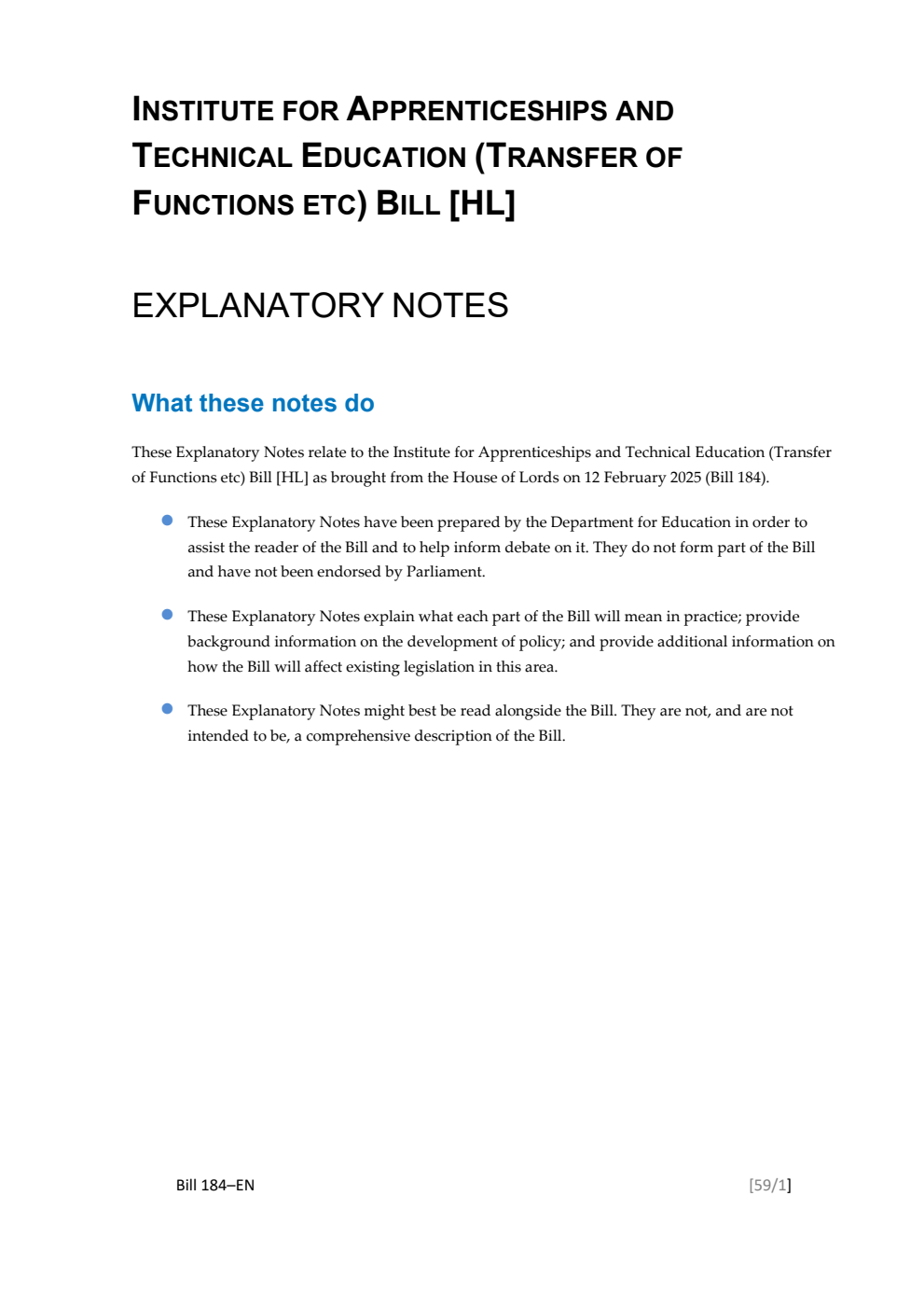 Institute for Apprenticeships and Technical Education (Transfer of Functions etc) Bill Explanatory Notes