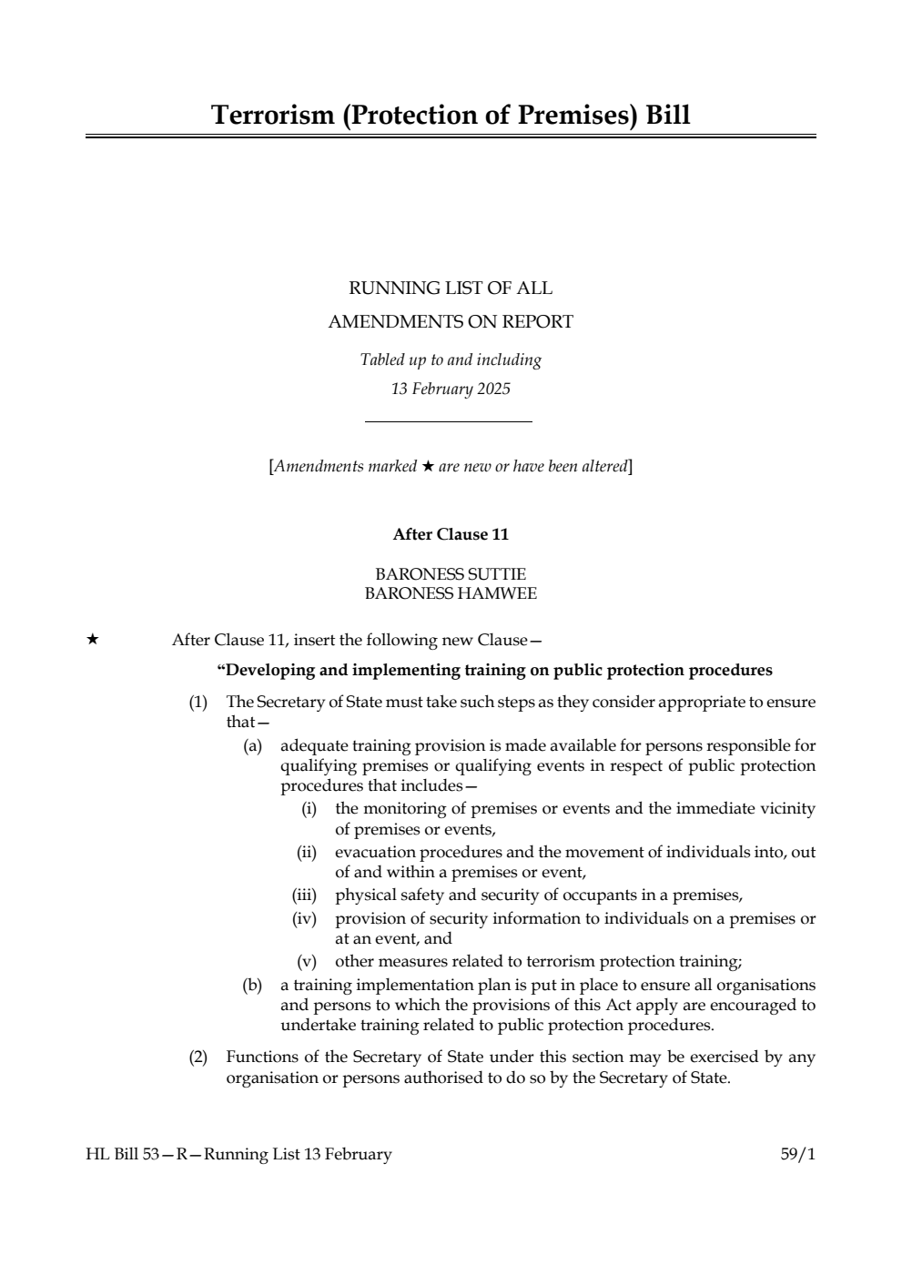 Terrorism (Protection of Premises) Bill Running List of all amendments on report tabled up to and including 13 February 2025
