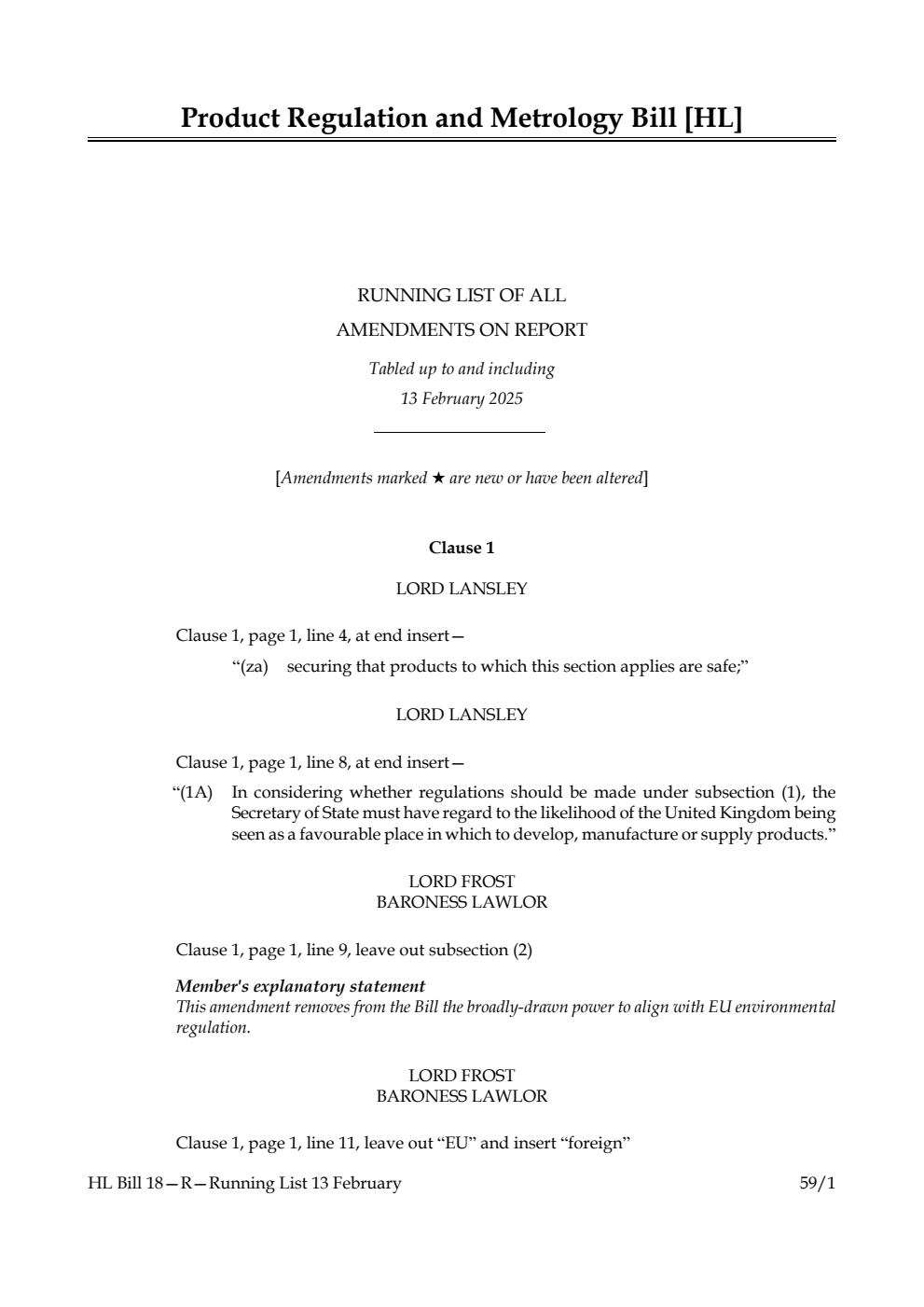 Product Regulation and Metrology Bill Running List of all amendments on report tabled up to and including 13 February 2025