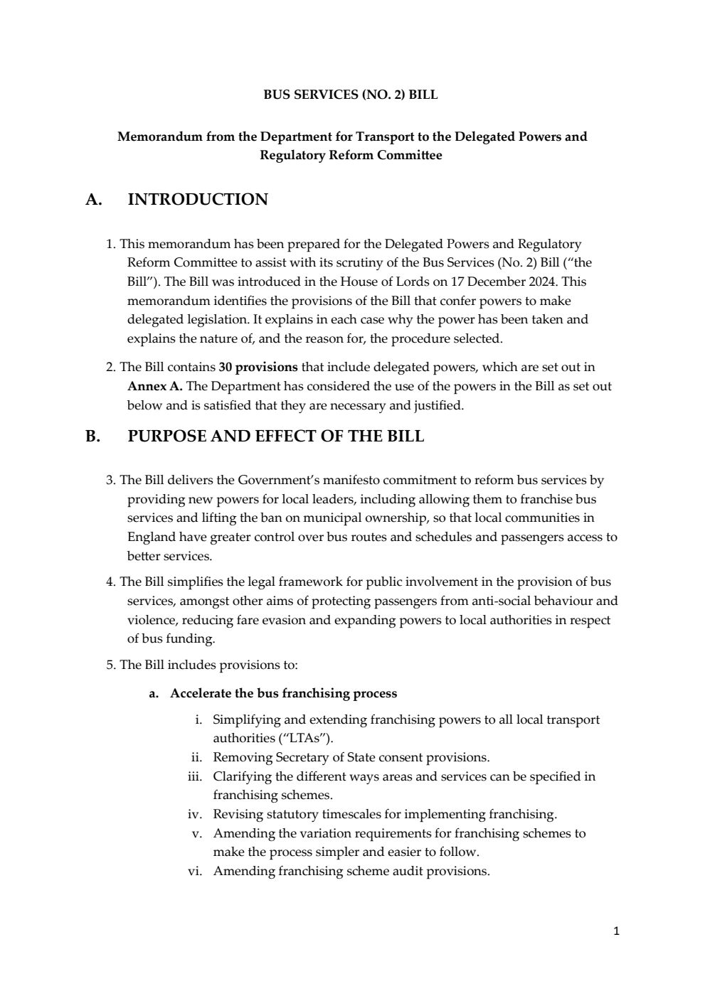 Bus Services (No. 2) Bill - Memorandum from the Department for Transport to the Delegated Powers and Regulatory Reform Committee