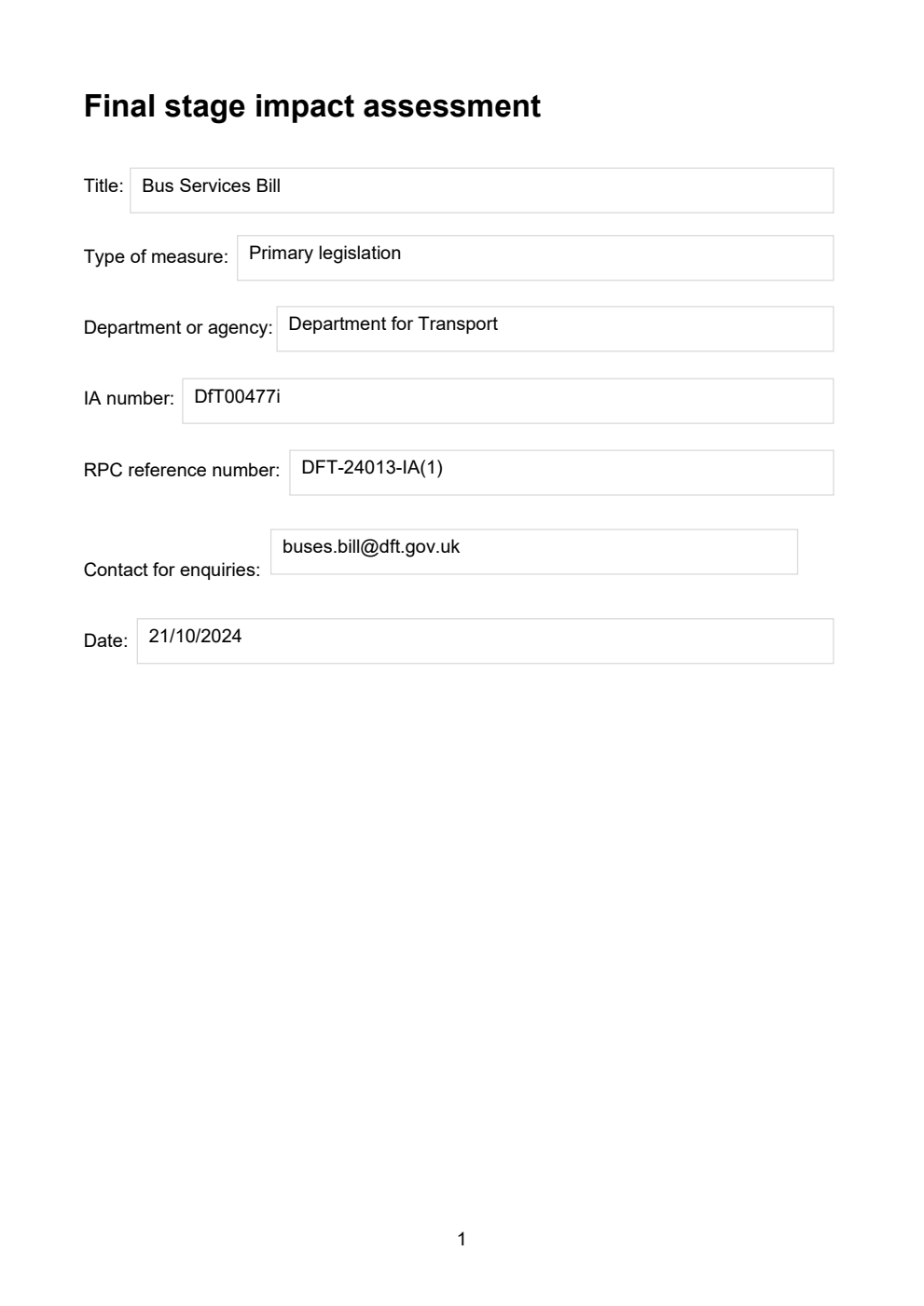 Bus Services (No. 2) Bill - Impact Assessment from the Department for Transport