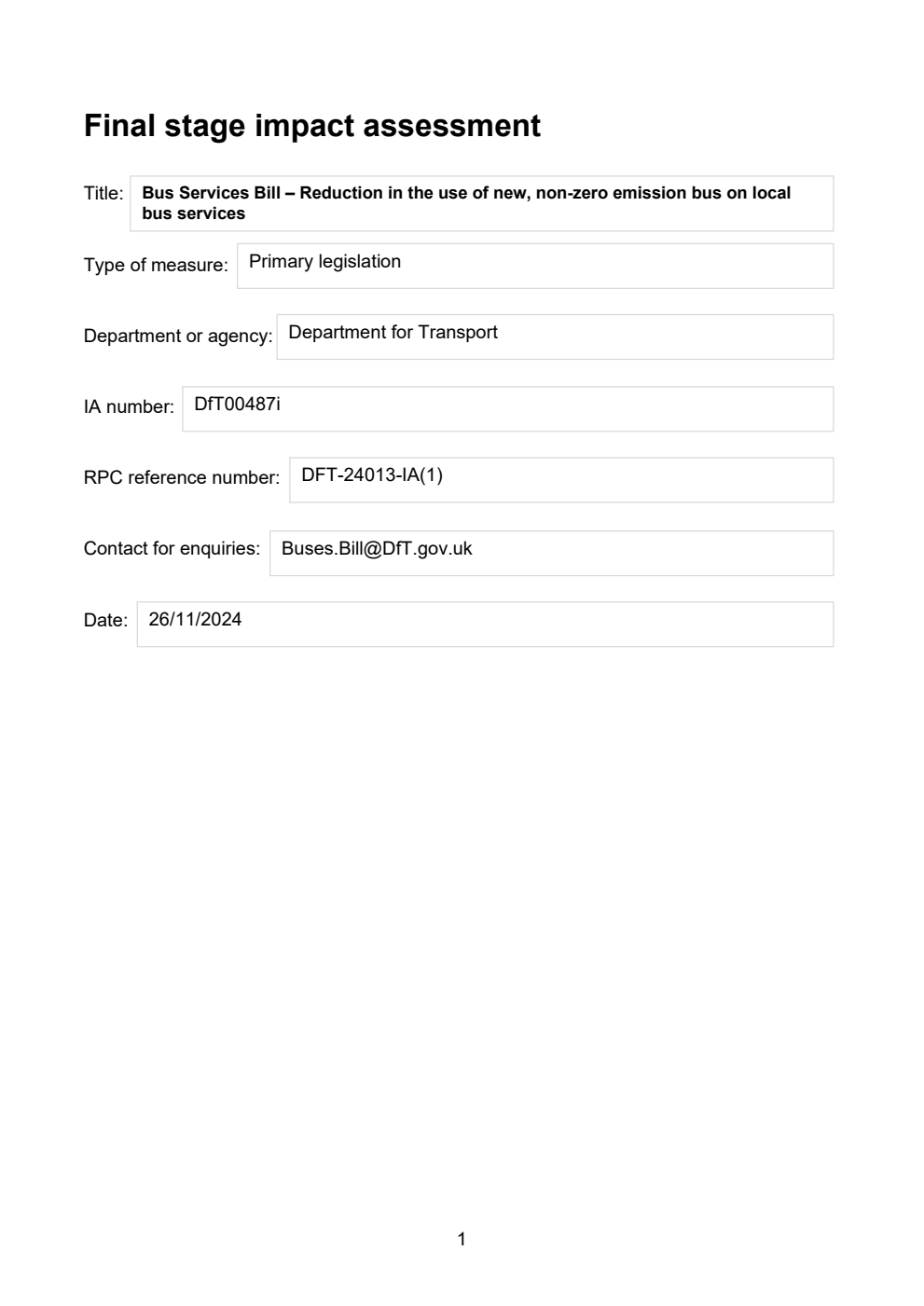 Bus Services (No. 2) Bill - Impact Assessment on Reduction in the use of new, non-zero emission bus on local bus services from the Department for Transport