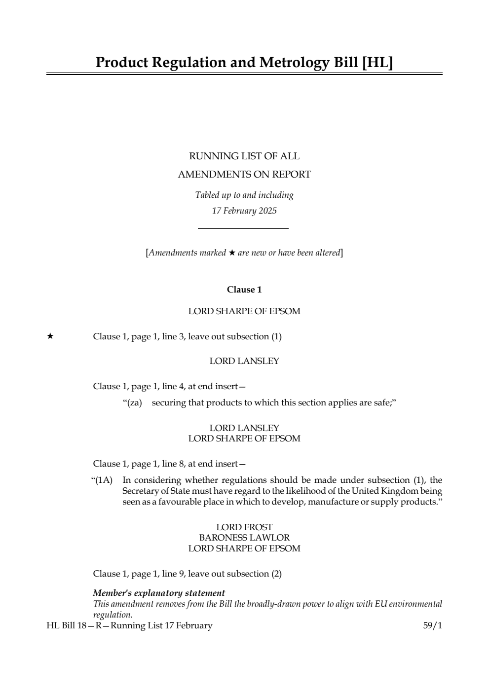 Product Regulation and Metrology Bill Running List of all amendments on report tabled up to and including 17 February 2025