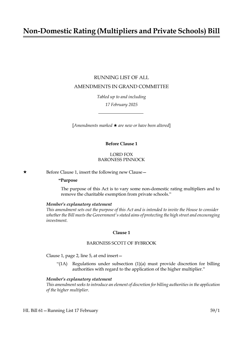 Non-domestic Rating (Multipliers and Private Schools) Bill Running List of all amendments in Grand Committee tabled up to and including 17 February 2025