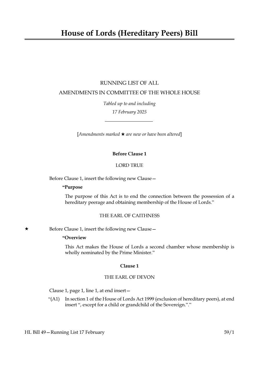 House of Lords (Hereditary Peers) Bill Running List of all amendments in Committee of the Whole House tabled up to and including 17 February 2025