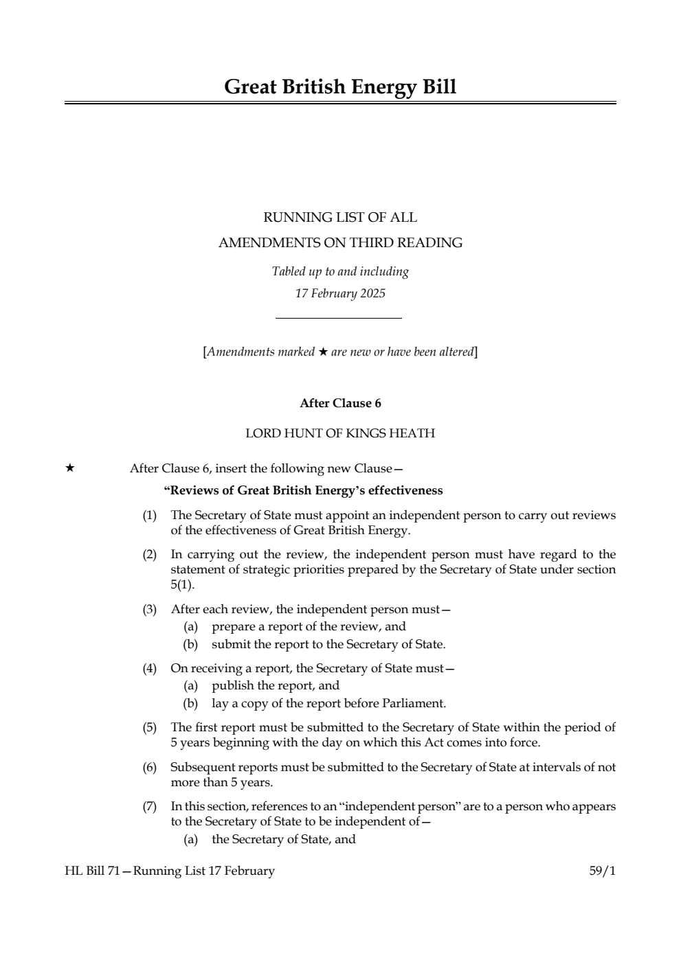 Great British Energy Bill Running List of all amendments on third reading tabled up to and including 17 February 2025