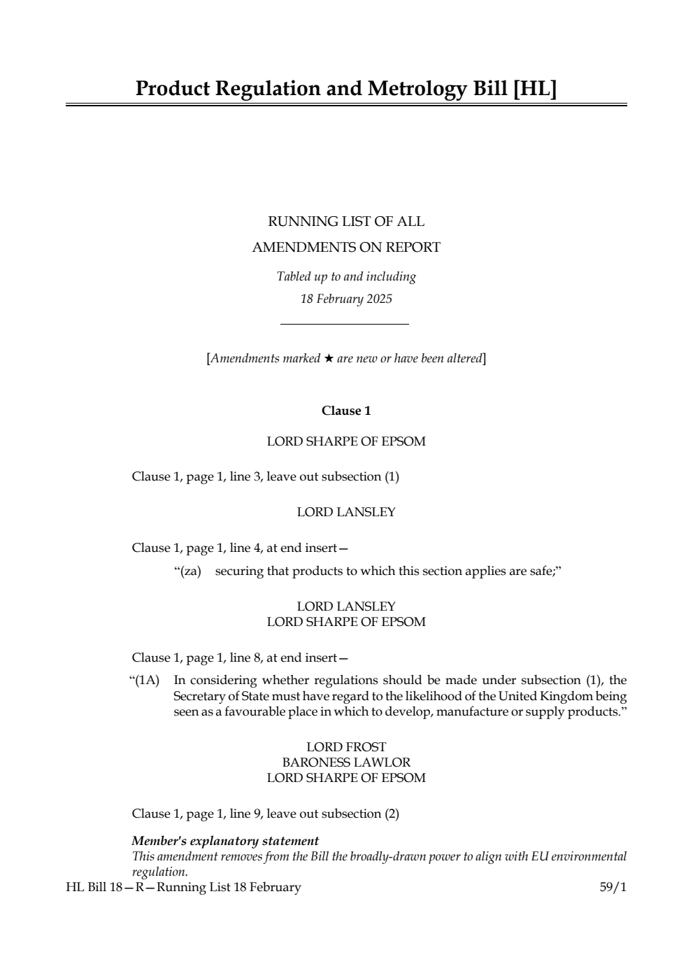 Product Regulation and Metrology Bill Running List of all amendments on report tabled up to and including 18 February 2025
