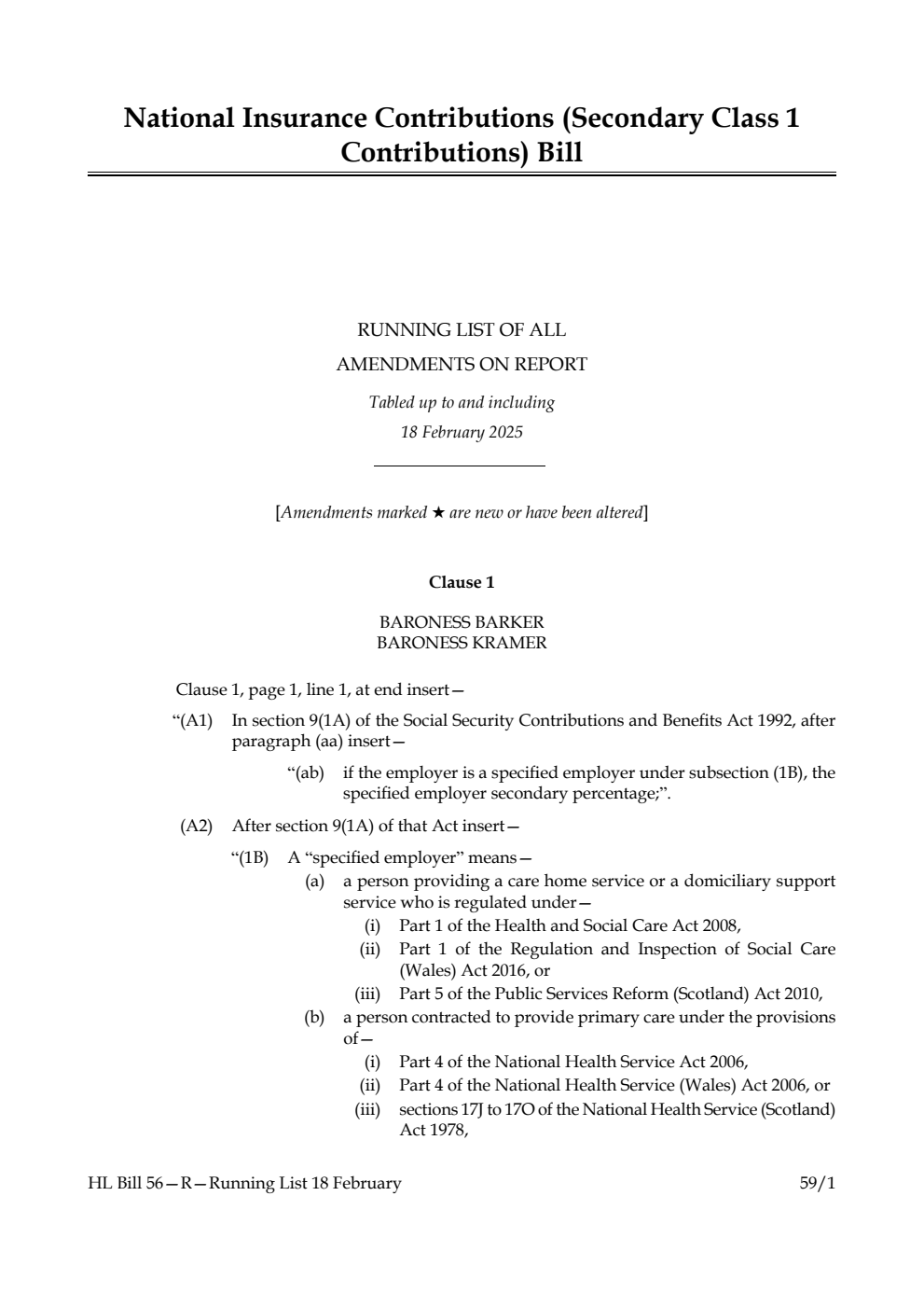 National Insurance Contributions (Secondary Class 1 Contributions) Running List of all amendments on report tabled up to and including 18 February 2025
