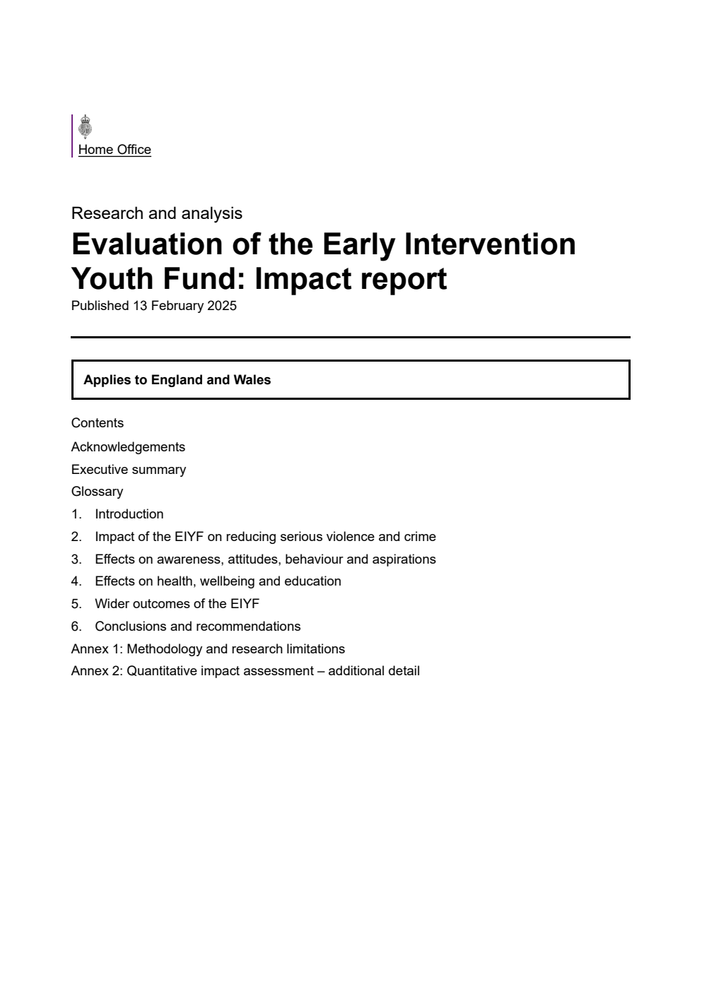 Home Office Research Report Evaluation of the Early Intervention Youth Fund: Impact report
