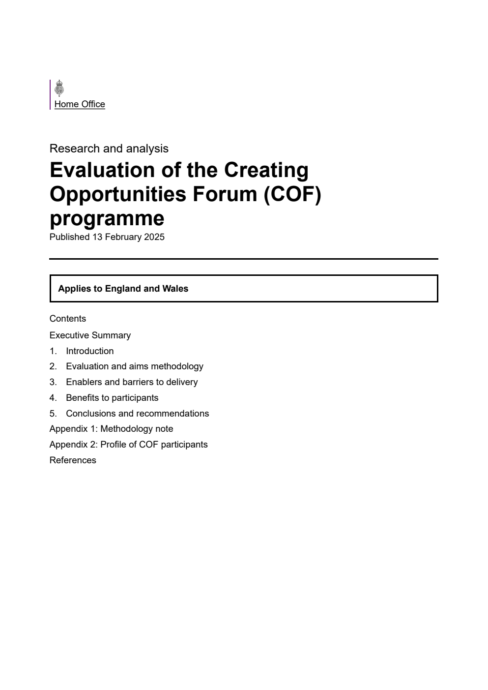 Home Office Research Report Evaluation of the Creating Opportunities Forum (COF) programme