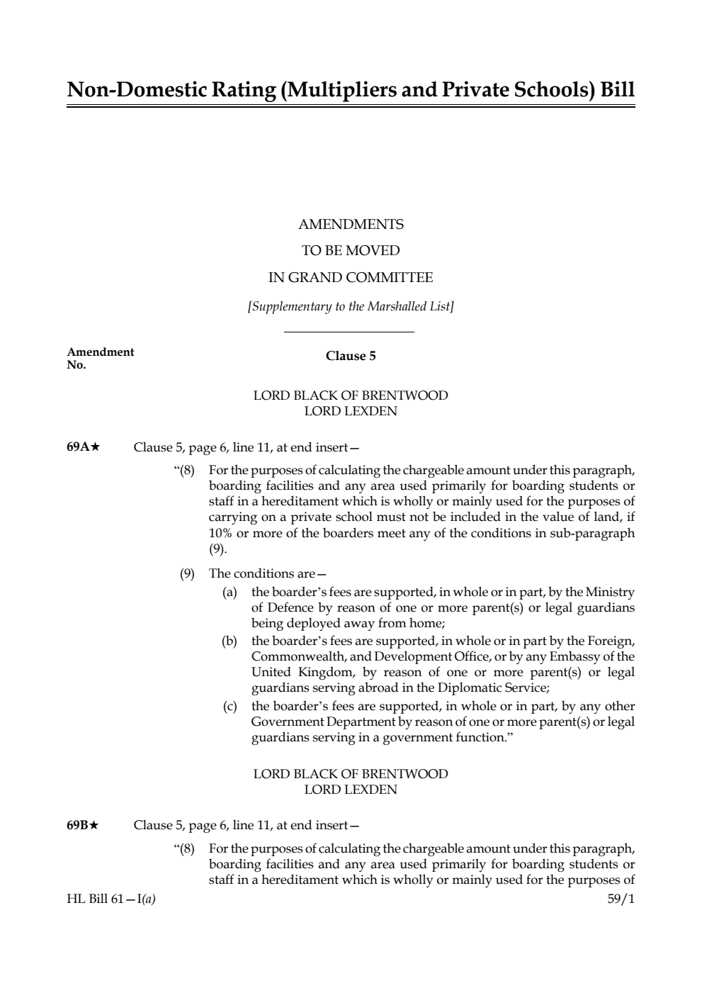 Non-domestic Rating (Multipliers and Private Schools) Bill Amendments to be moved in Grand Committee [Supplementary to the Marshalled List]