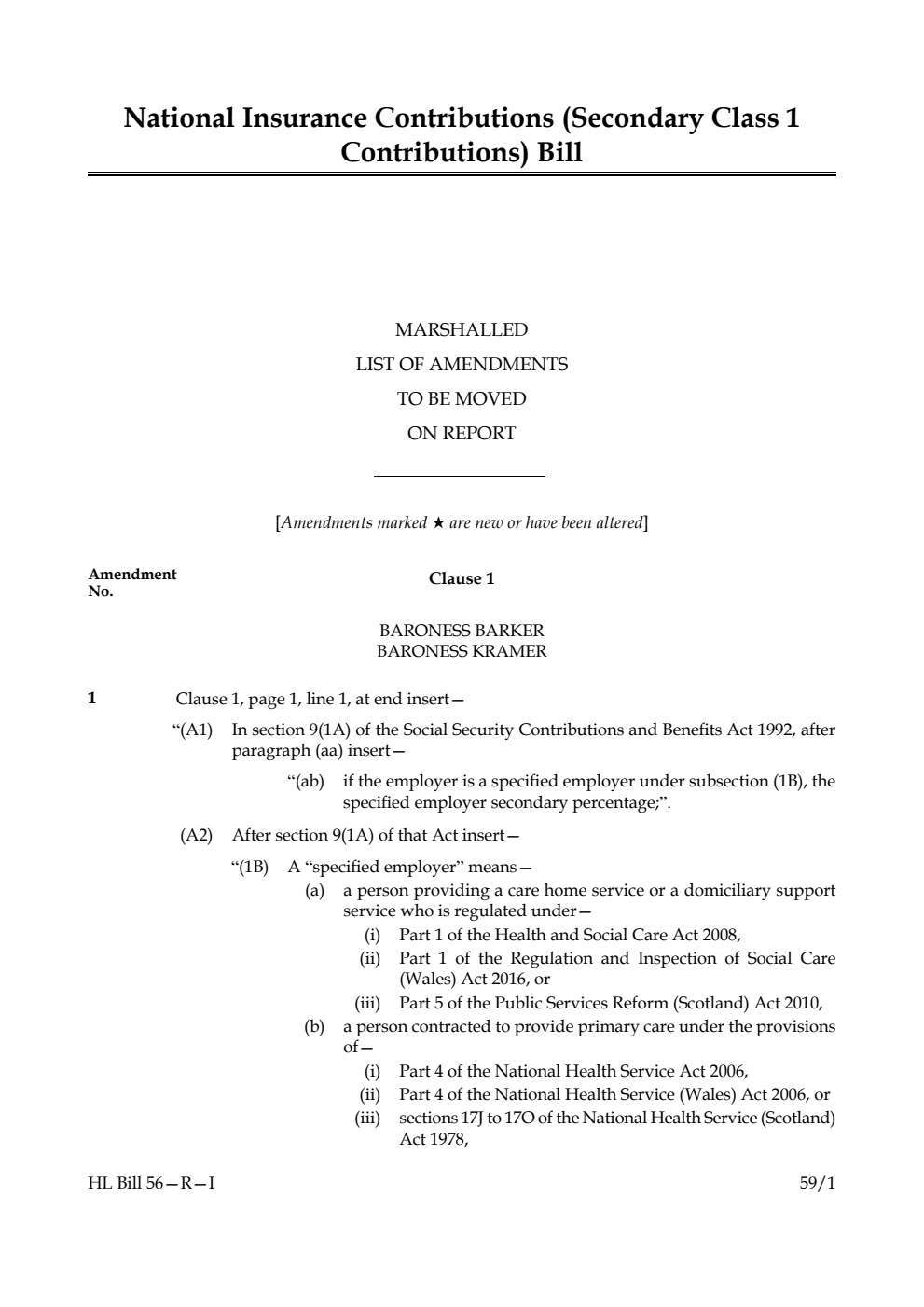 National Insurance Contributions (Secondary Class 1 Contributions) Marshalled List of amendments to be moved on report