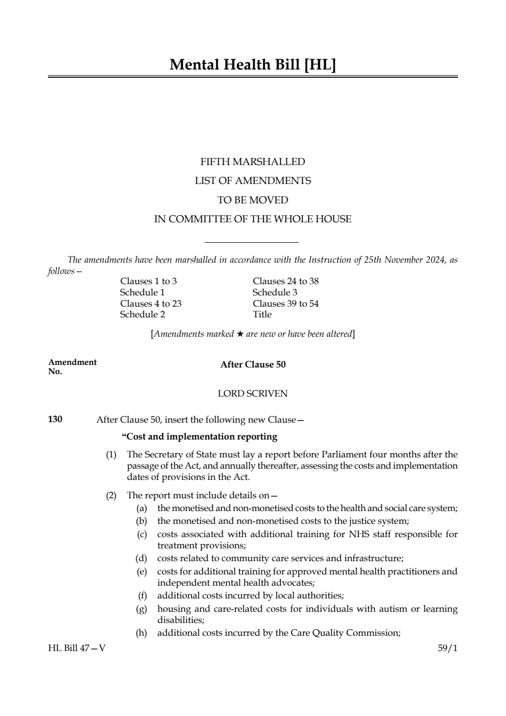 Mental Health Bill Fifth Marshalled List of amendments to be moved in Committee of the Whole House