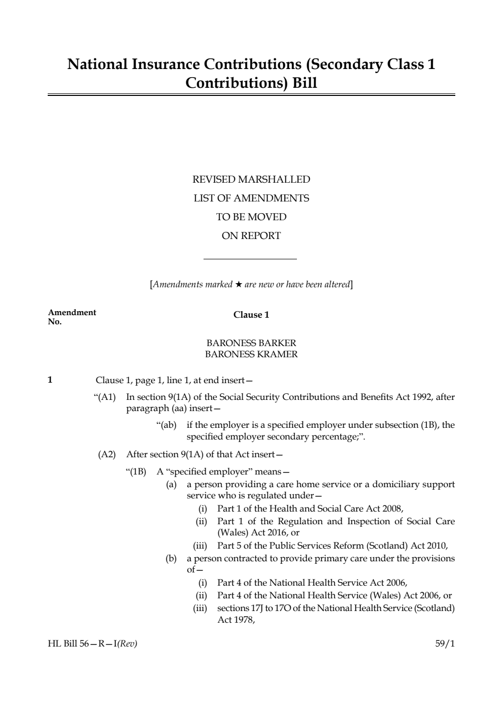 National Insurance Contributions (Secondary Class 1 Contributions) Bill Revised Marshalled List of amendments to be moved on report