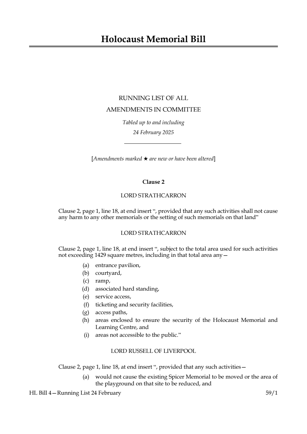 Holocaust Memorial Bill Running List of all amendments in Committee tabled up to and including 24 February 2025