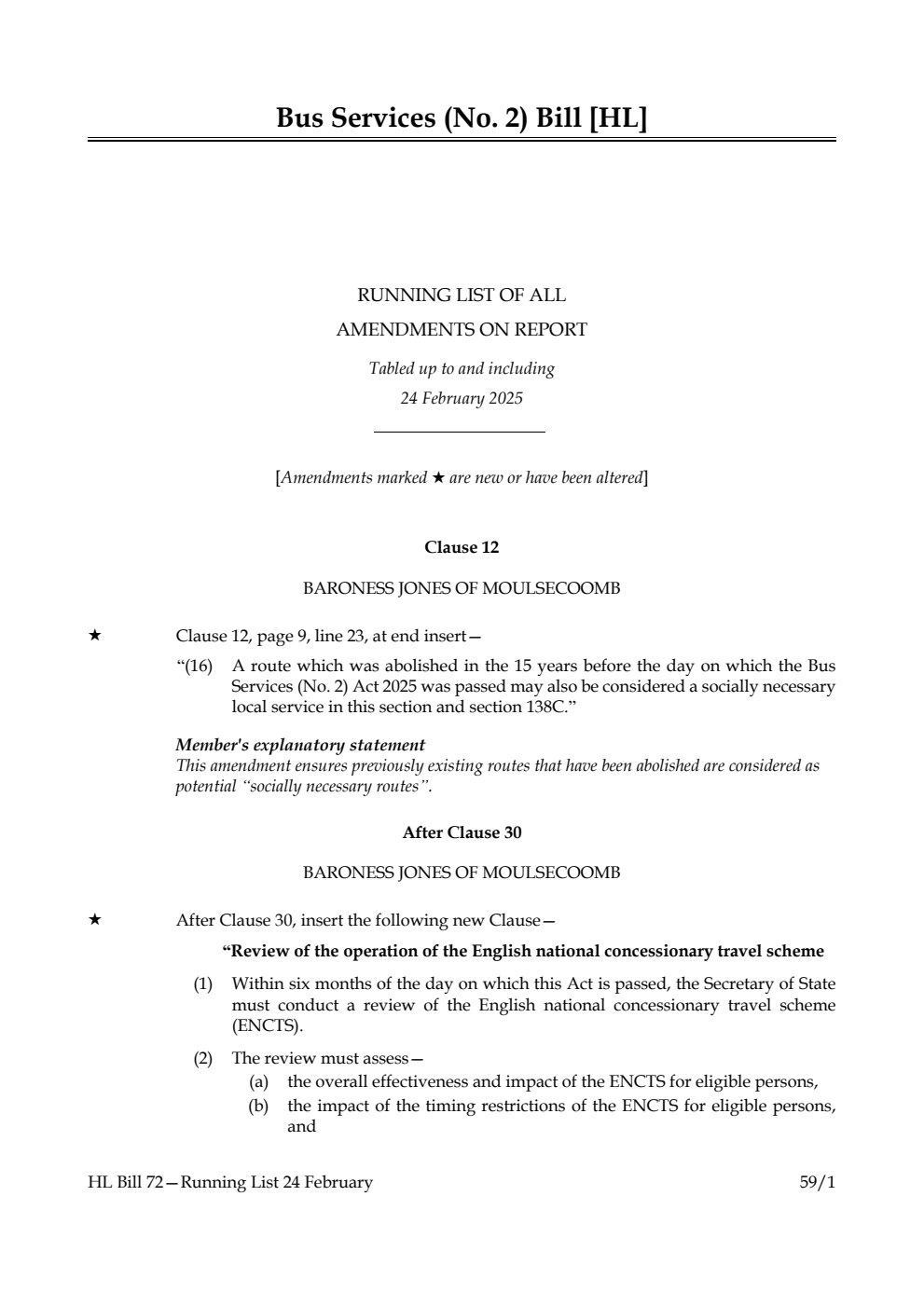 Bus Services (No. 2) Bill Running List of all amendments on report tabled up to and including 24 February 2025