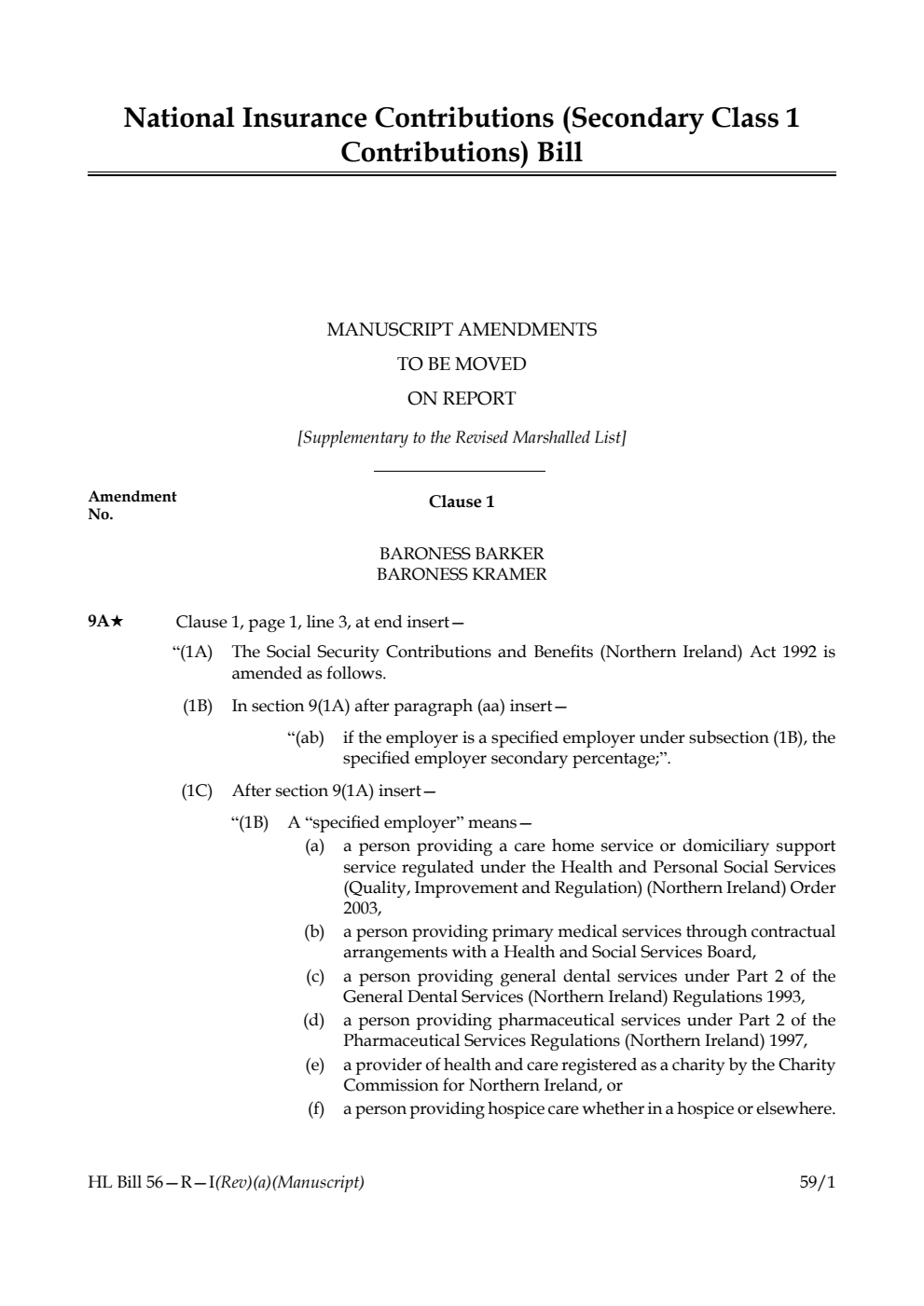 National Insurance Contributions (Secondary Class 1 Contributions) Bill Manuscript amendments to be moved on report [Supplementary to the Revised Marshalled List]
