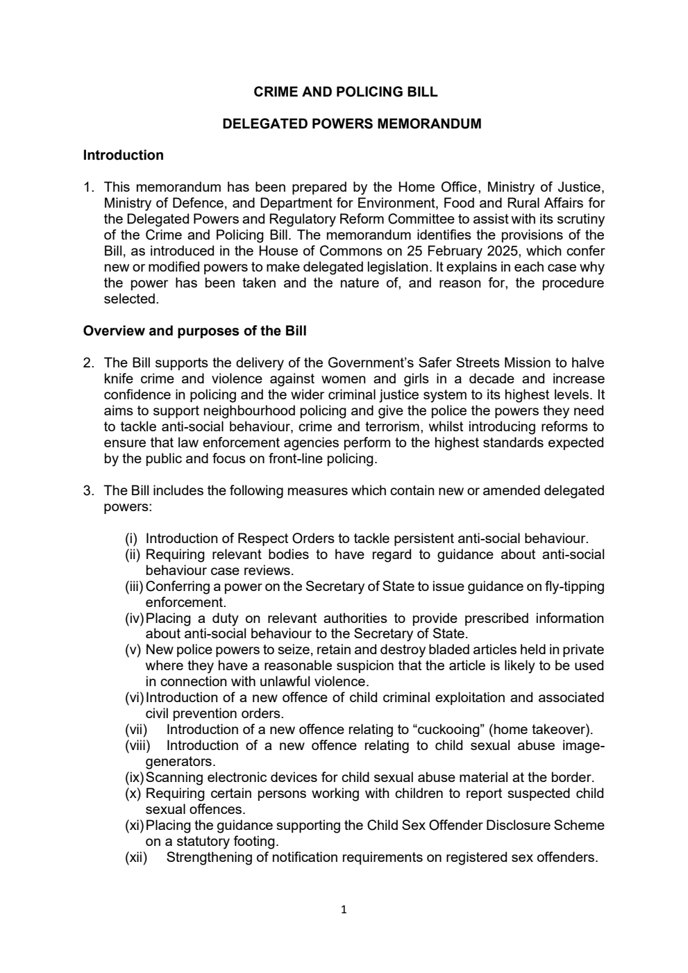 Crime and Policing Bill Delegated Powers Memorandum