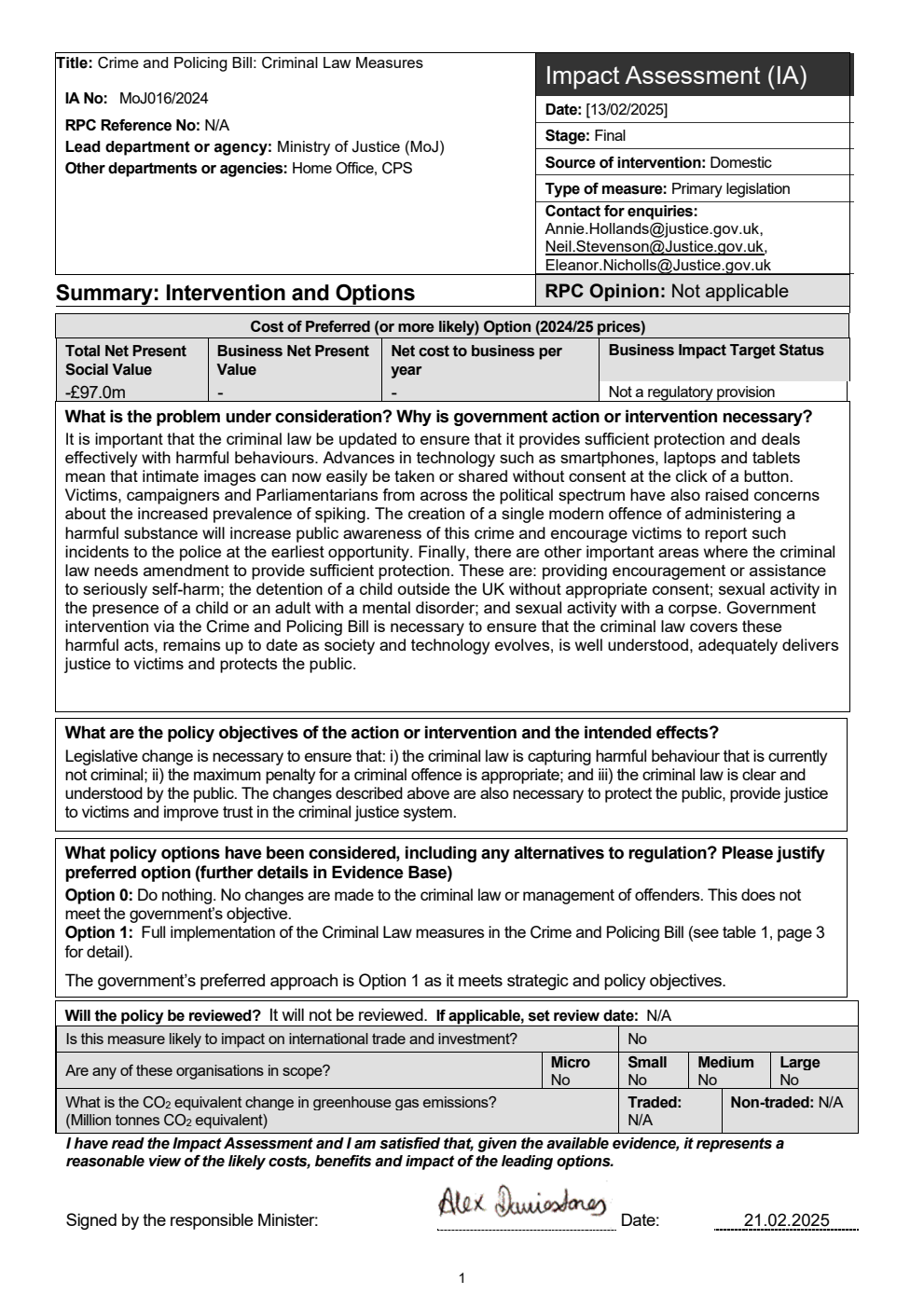 Crime and Policing Bill - Criminal Law Measures - Impact Assessment from the Ministry of Justice