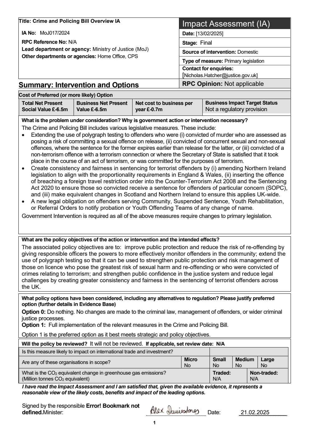Crime and Policing Bill - Impact Assessment